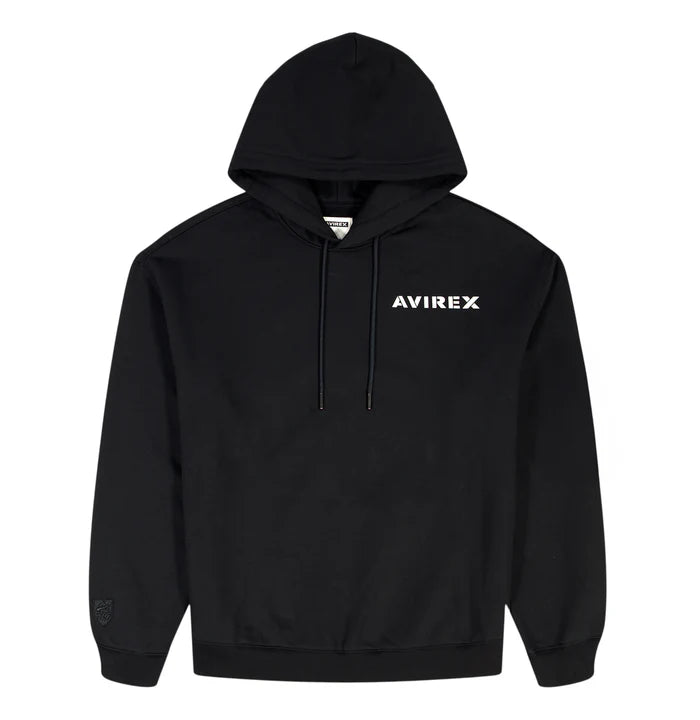Avirex Cotton Fleece Hoodie with stacked “A” back logo, front chest logo, and rib knit cuffs
