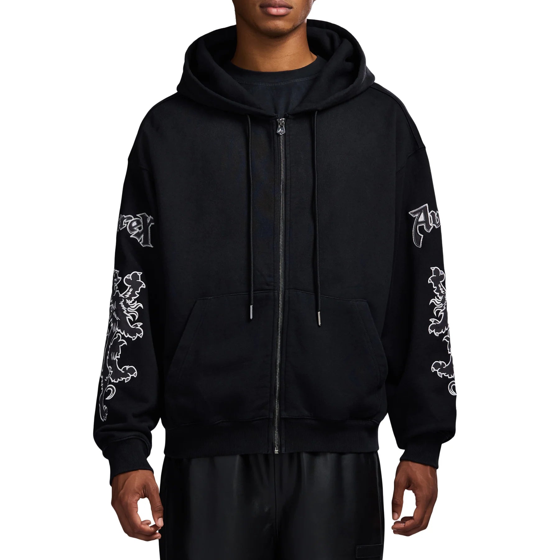 Avirex Goth Zipper Hoodie in washed black with griffin sleeve patches and front zip closure