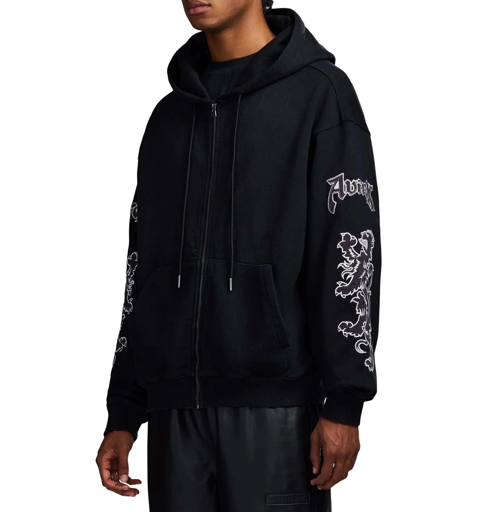 Avirex Goth Zipper Hoodie in washed black with griffin sleeve patches and front zip closure