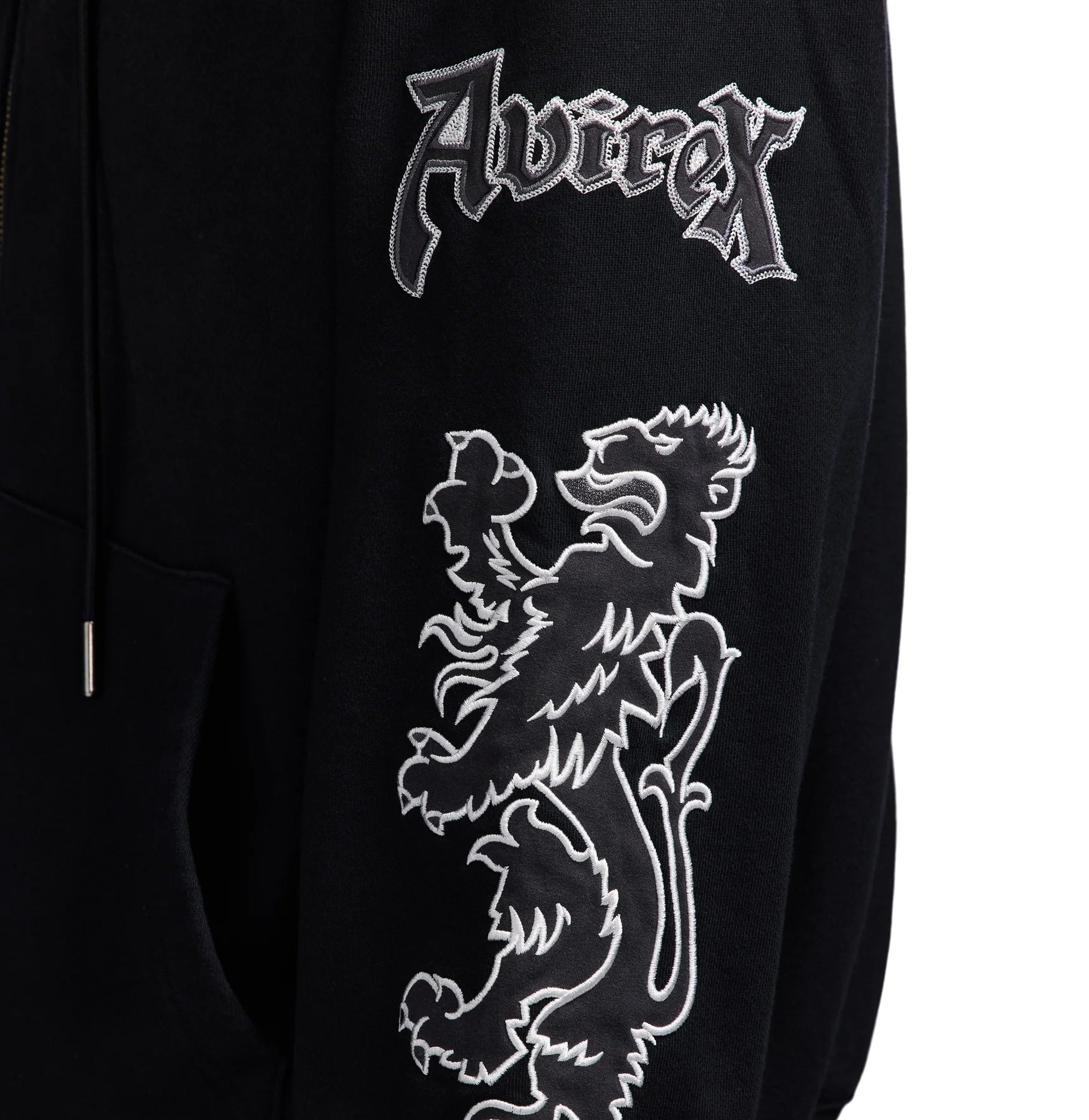 Avirex Goth Zipper Hoodie in washed black with griffin sleeve patches and front zip closure