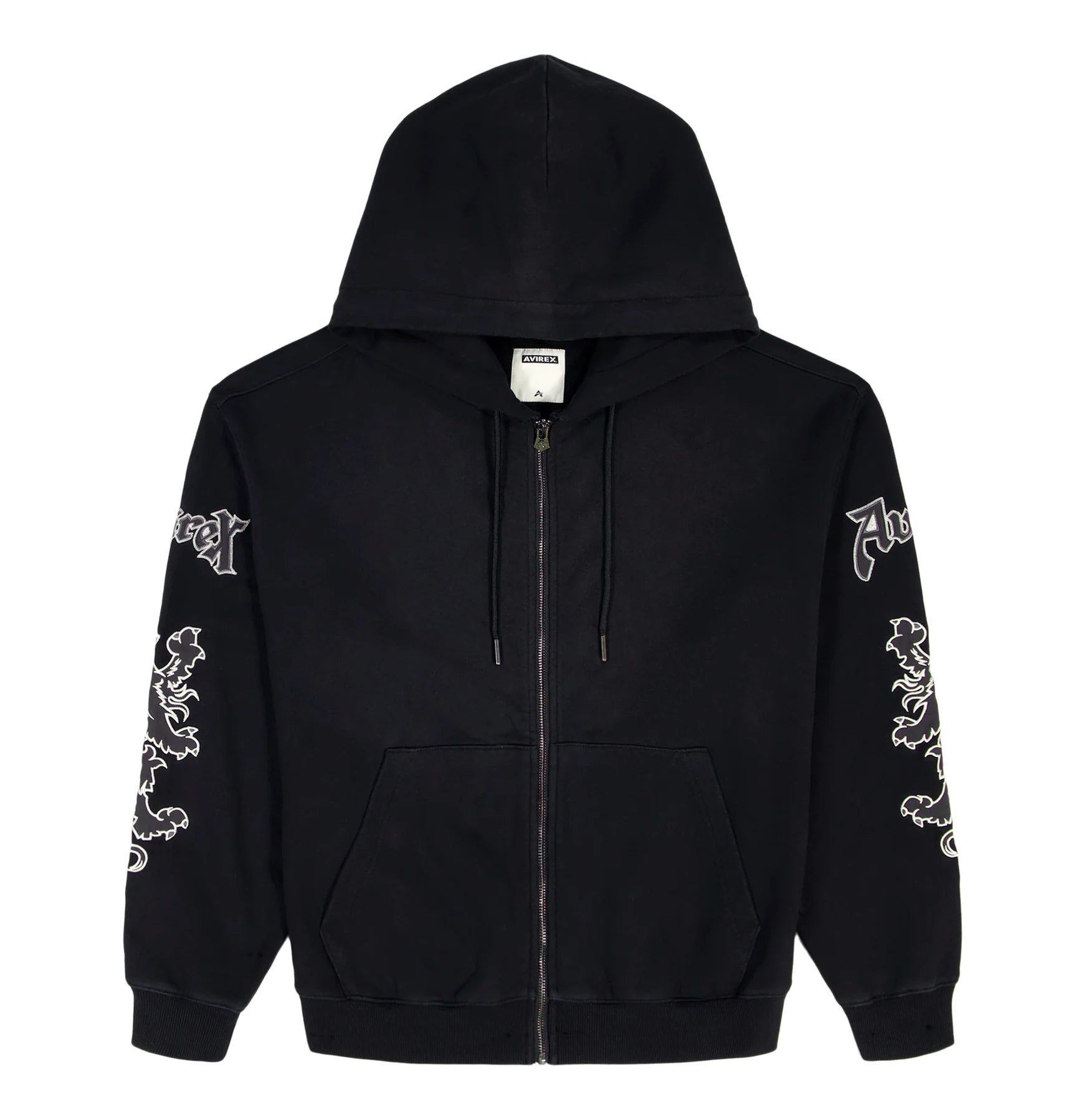 Avirex Goth Zipper Hoodie in washed black with griffin sleeve patches and front zip closure