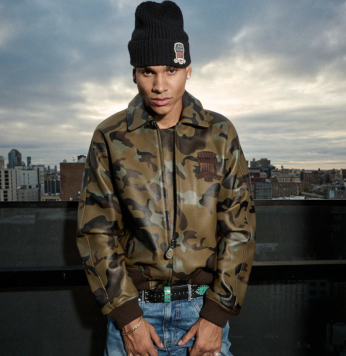 Avirex ICON Jacket in 100% French lamb leather with logo details, front zipper, and striped rib trim