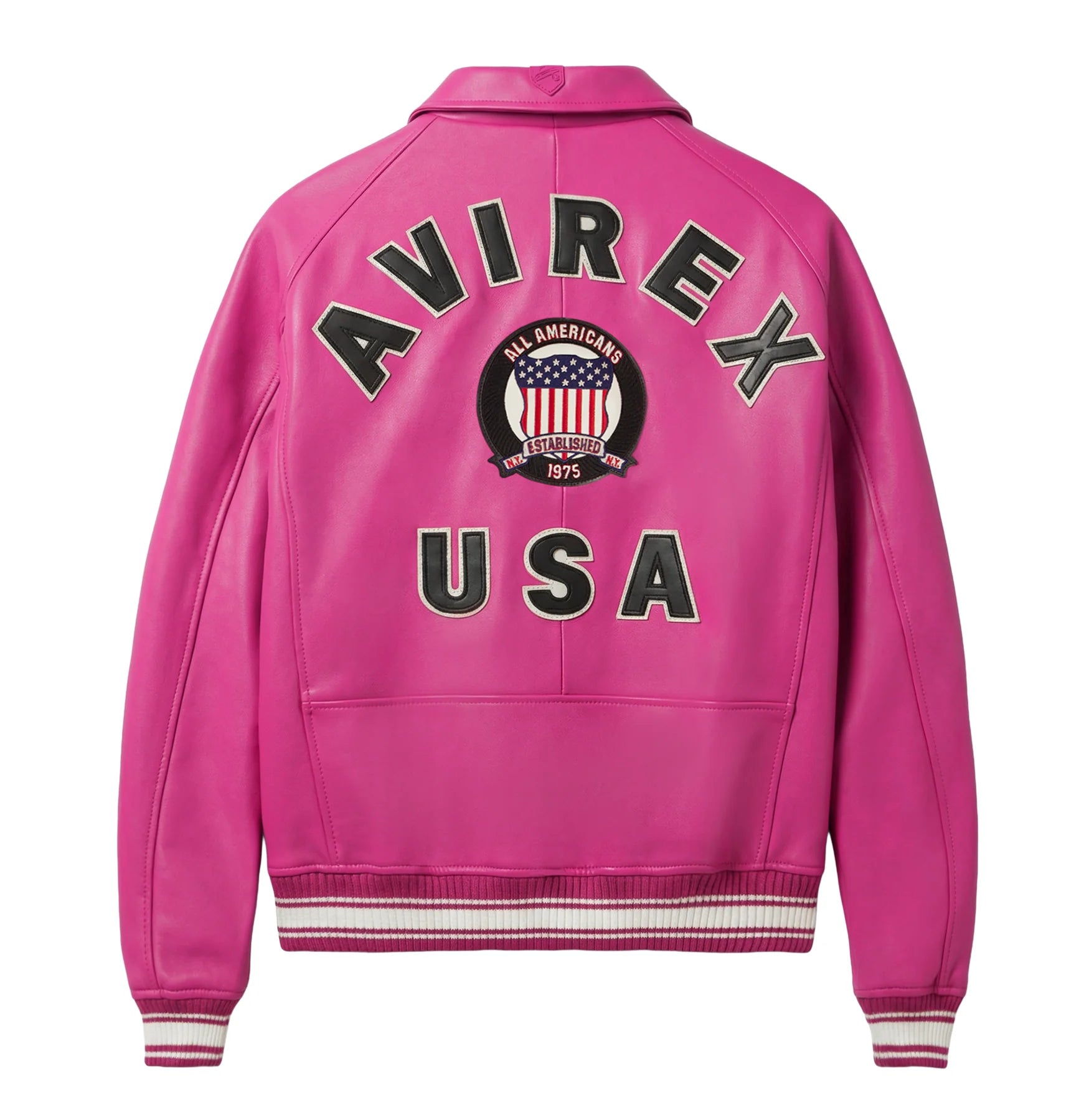 Avirex military bomber jacket in antique European lamb leather with logo details, front zipper hardware, striped rib hem and cuffs, and welt pockets
