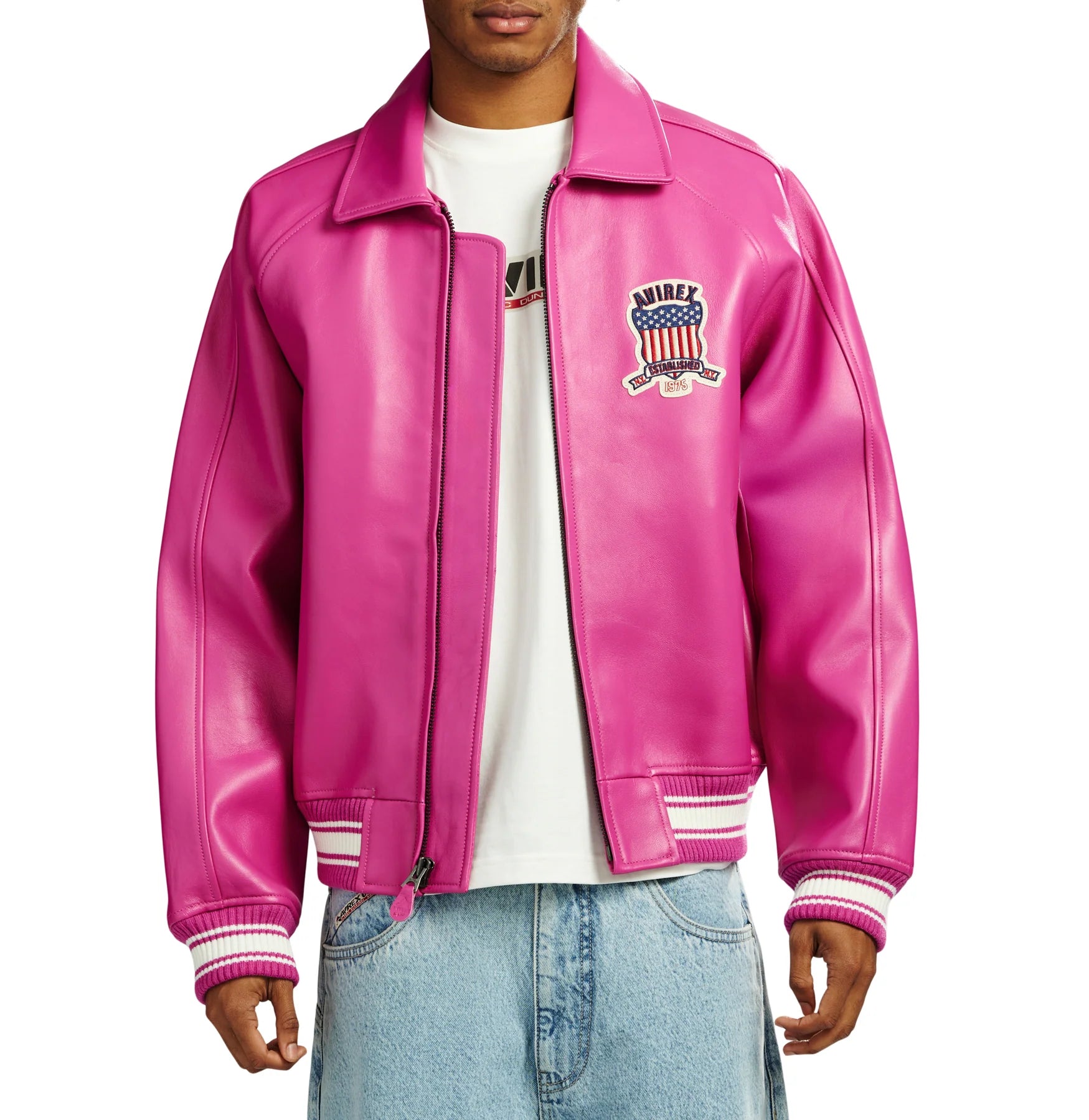 Avirex military bomber jacket in antique European lamb leather with logo details, front zipper hardware, striped rib hem and cuffs, and welt pockets
