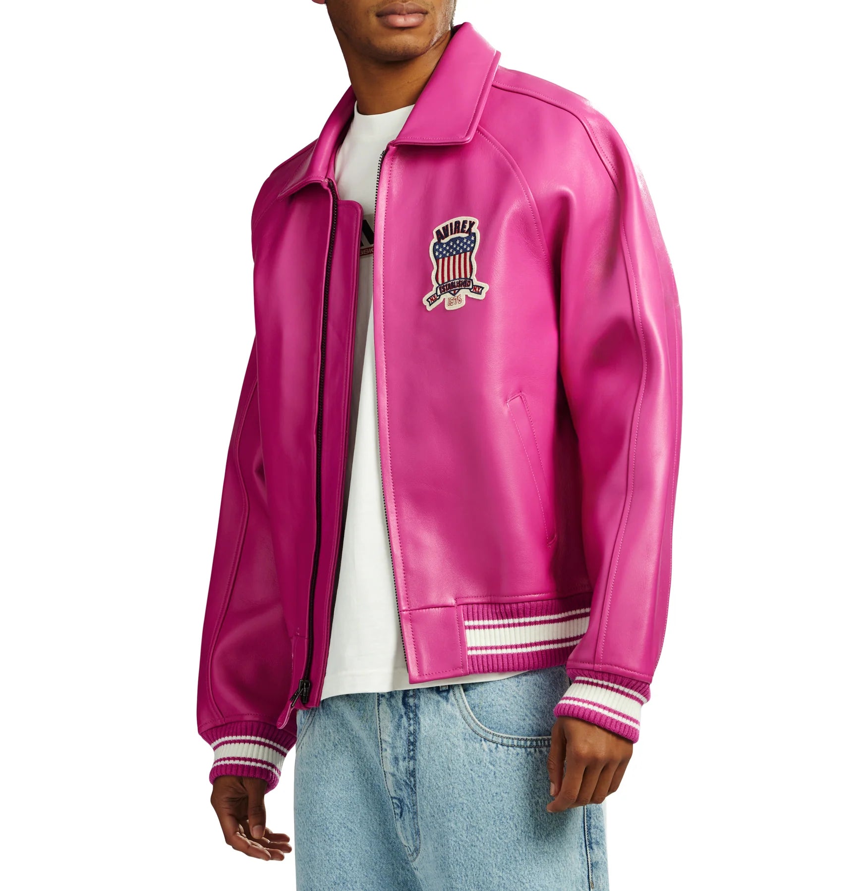 Avirex military bomber jacket in antique European lamb leather with logo details, front zipper hardware, striped rib hem and cuffs, and welt pockets