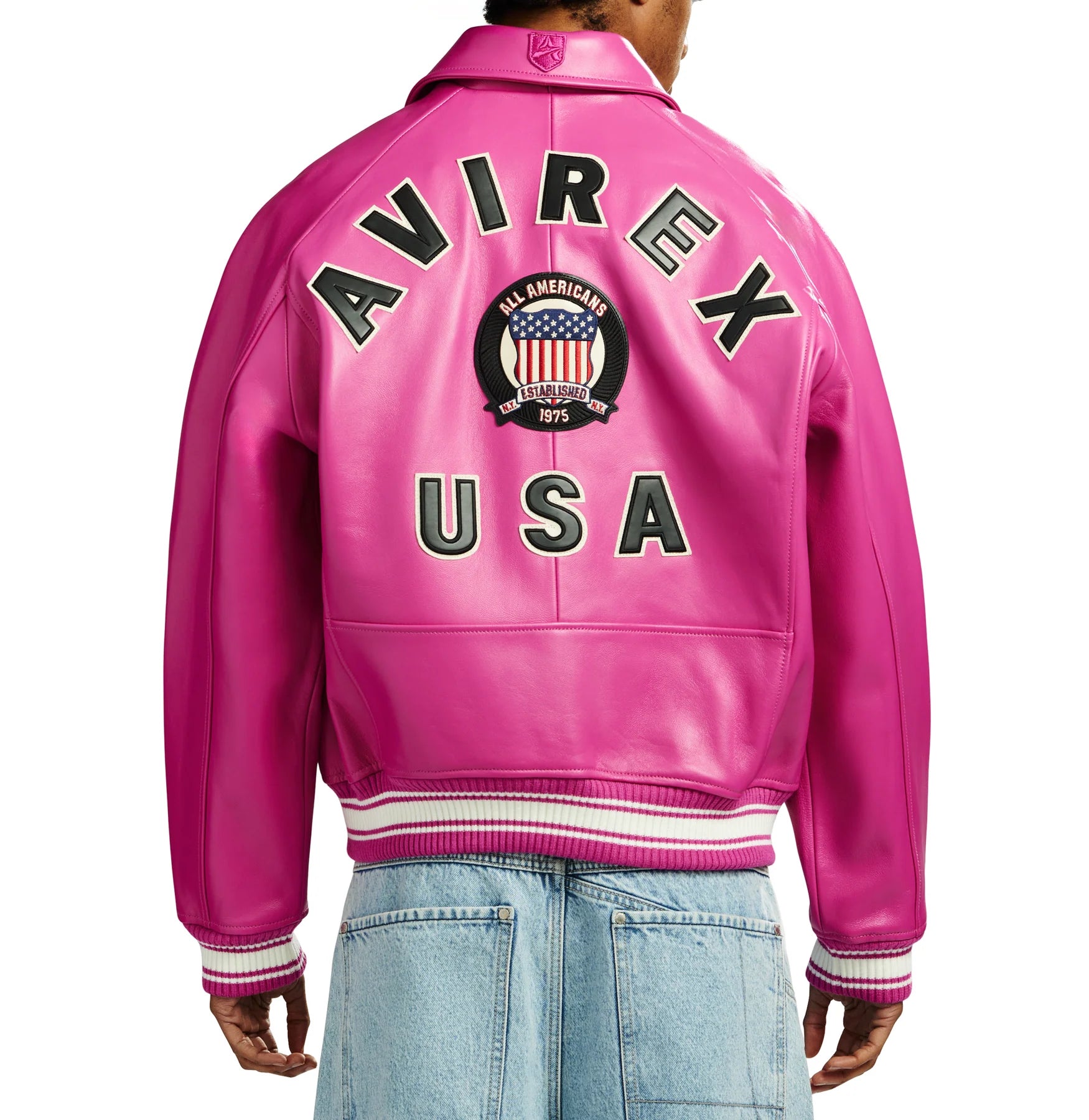 Avirex military bomber jacket in antique European lamb leather with logo details, front zipper hardware, striped rib hem and cuffs, and welt pockets