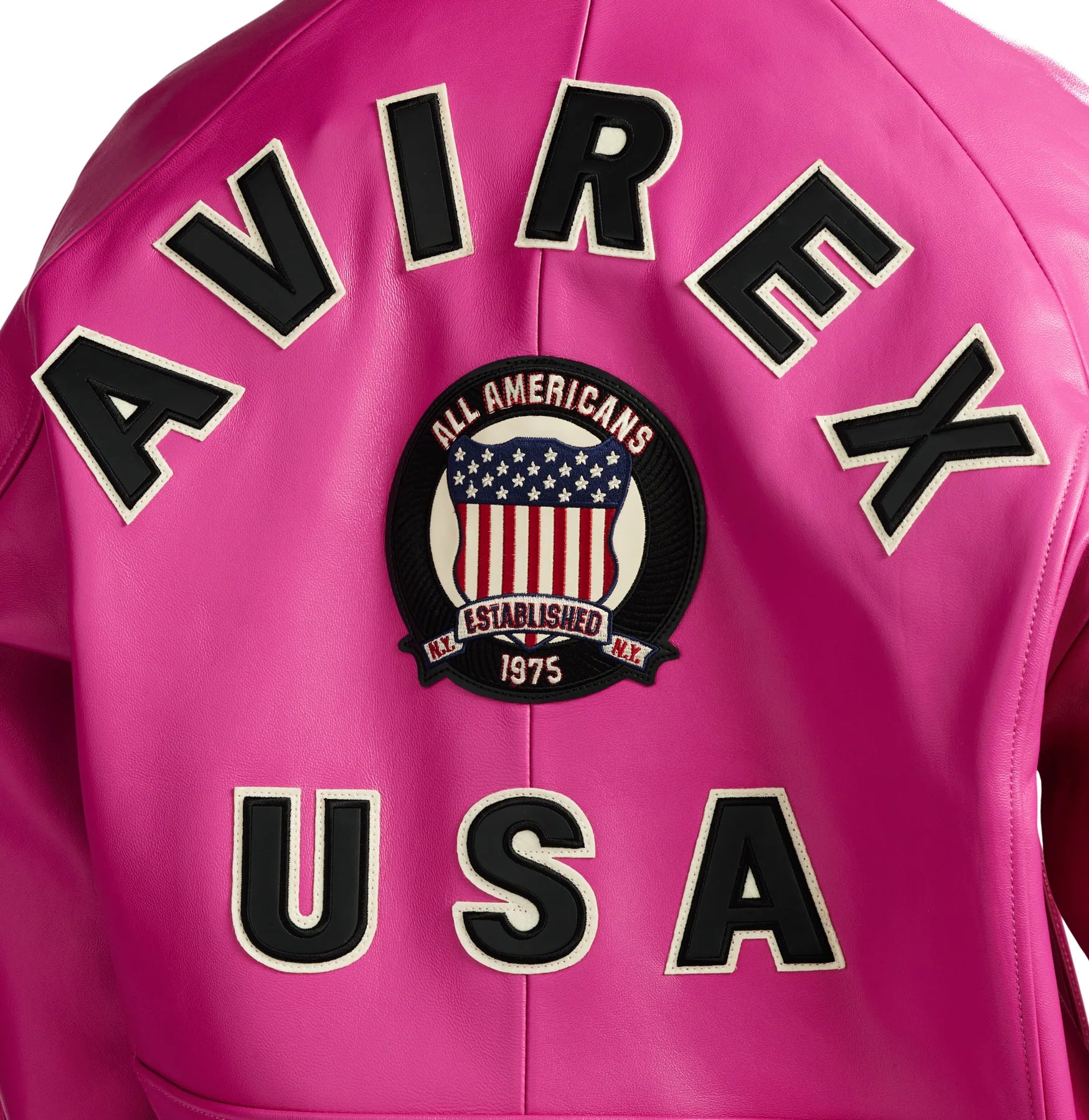 Avirex military bomber jacket in antique European lamb leather with logo details, front zipper hardware, striped rib hem and cuffs, and welt pockets