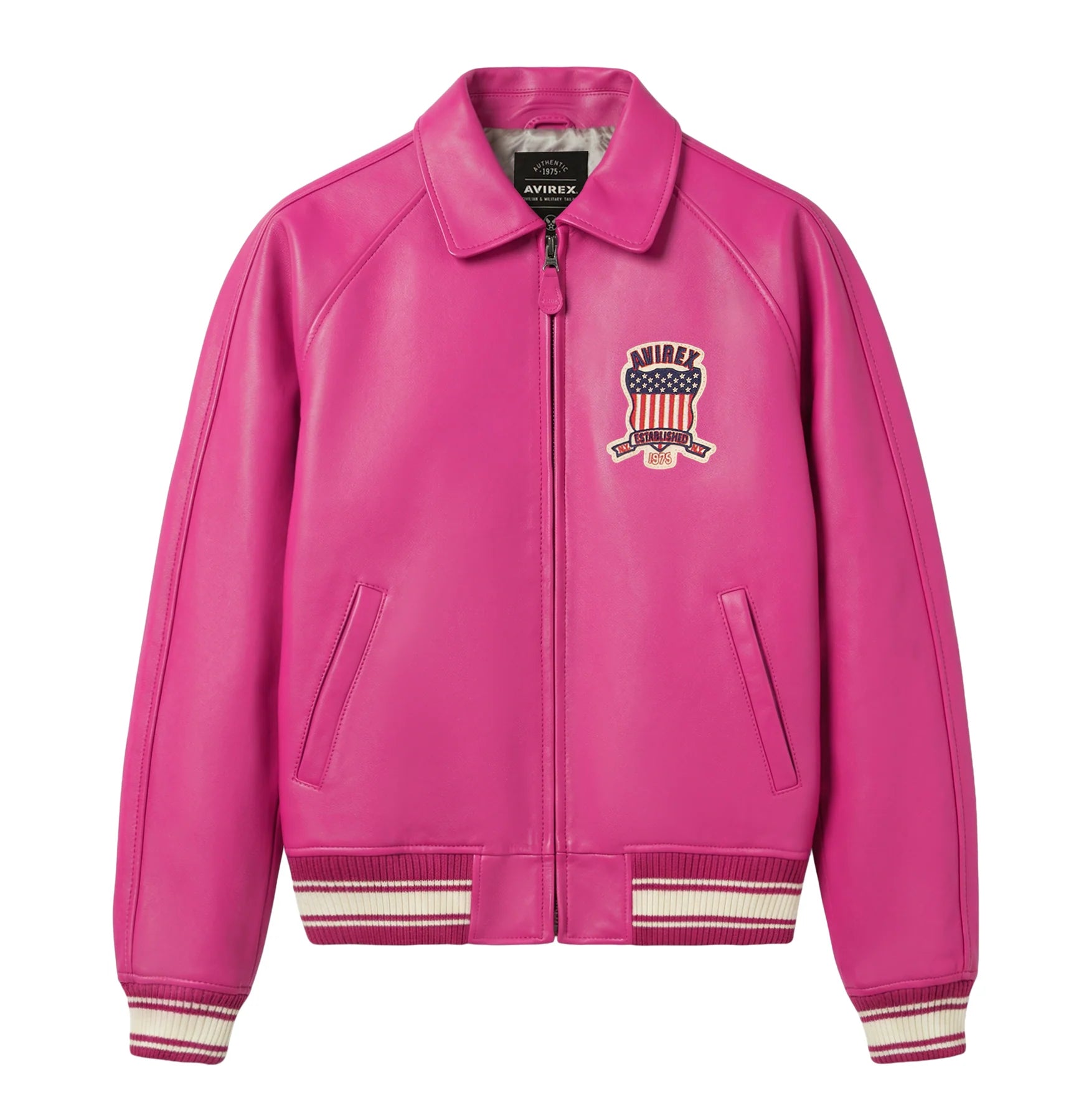 Avirex military bomber jacket in antique European lamb leather with logo details, front zipper hardware, striped rib hem and cuffs, and welt pockets