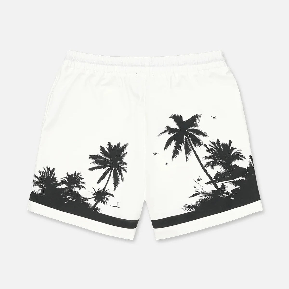 Clyde Short in White Palm Trees with utopian beach scene graphic, elastic waistband, toggle drawstring, and side pockets in lightweight silky fabric.