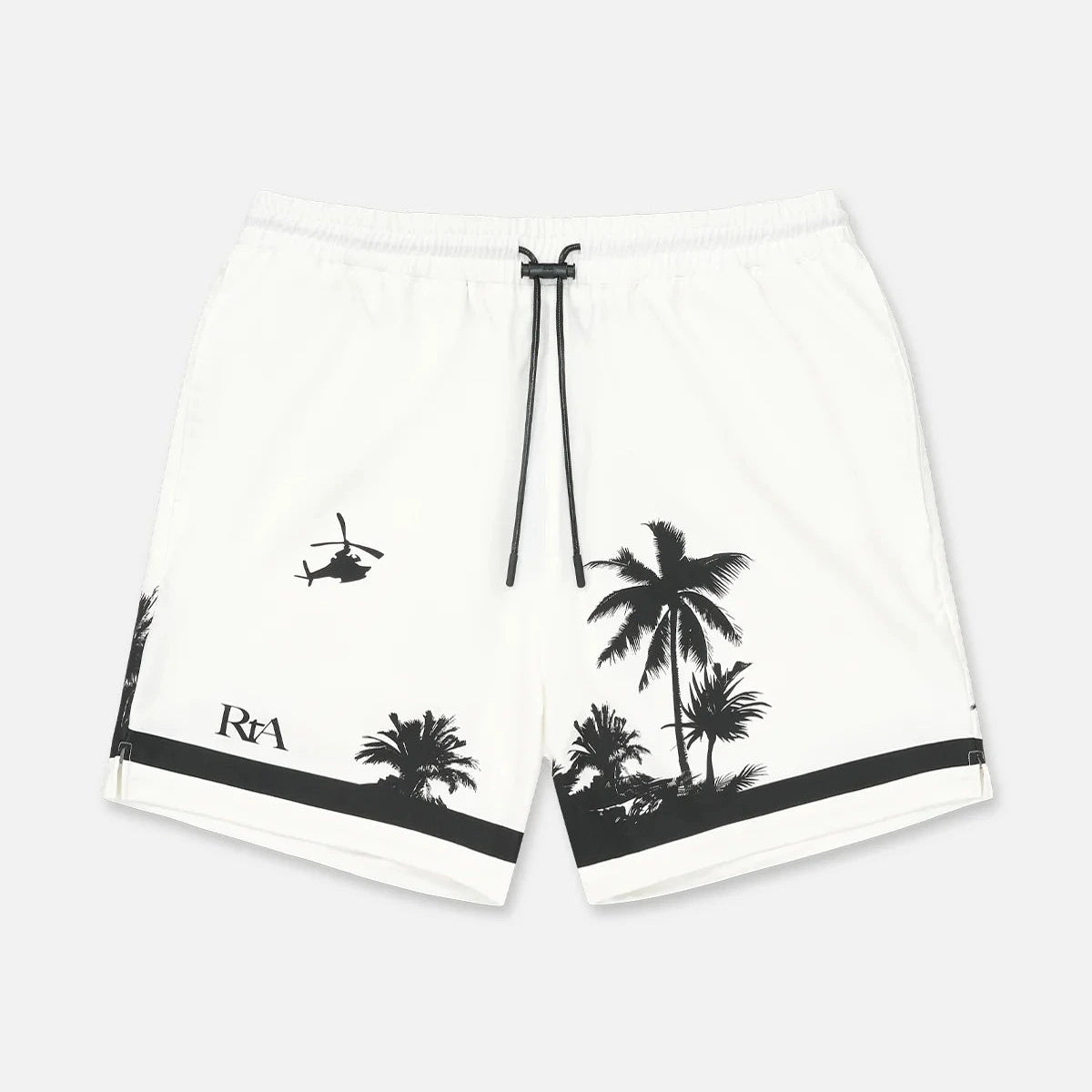 Clyde Short in White Palm Trees with utopian beach scene graphic, elastic waistband, toggle drawstring, and side pockets in lightweight silky fabric.