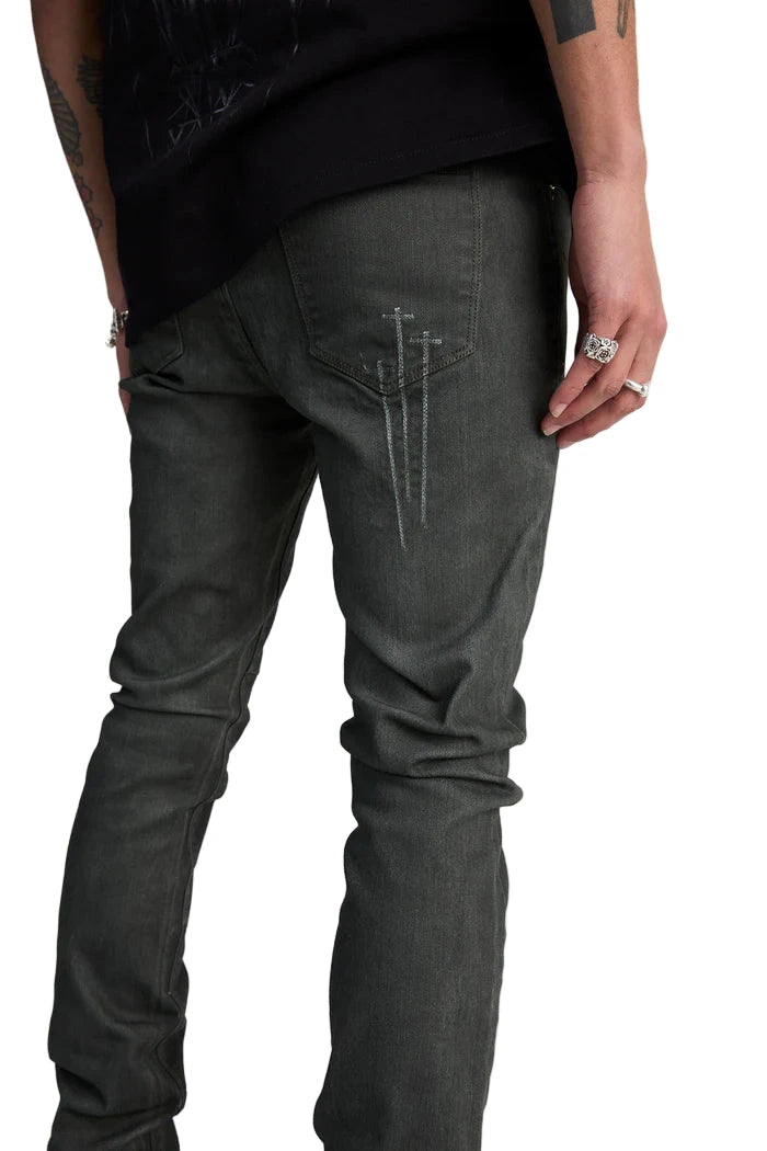 RTA Men's Bryant Dusty Olive Triple Cross Denim Pant with reinforced triple cross stitching for durability and comfort.