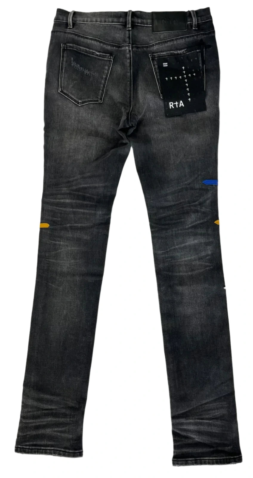 RTA Bryant Skinny Jean in Distressed Charcoal Drift featuring a slim tapered fit, faded charcoal wash, and heavy distressing with whisker detailing on premium stretch denim.