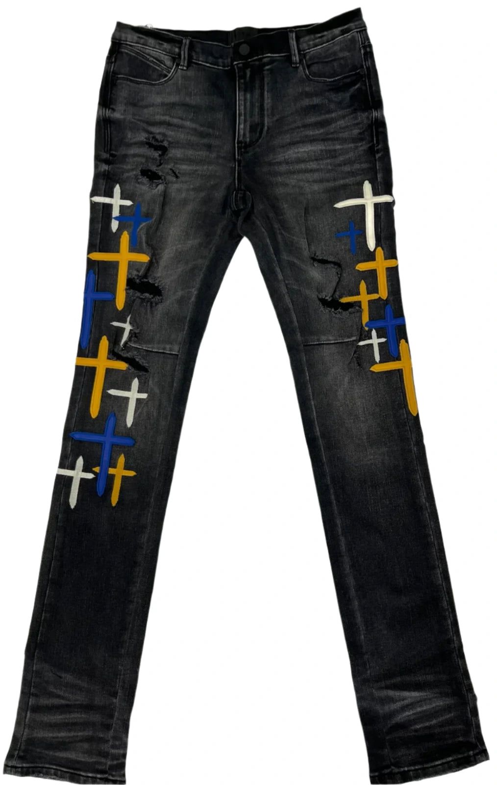 RTA Bryant Skinny Jean in Distressed Charcoal Drift featuring a slim tapered fit, faded charcoal wash, and heavy distressing with whisker detailing on premium stretch denim.