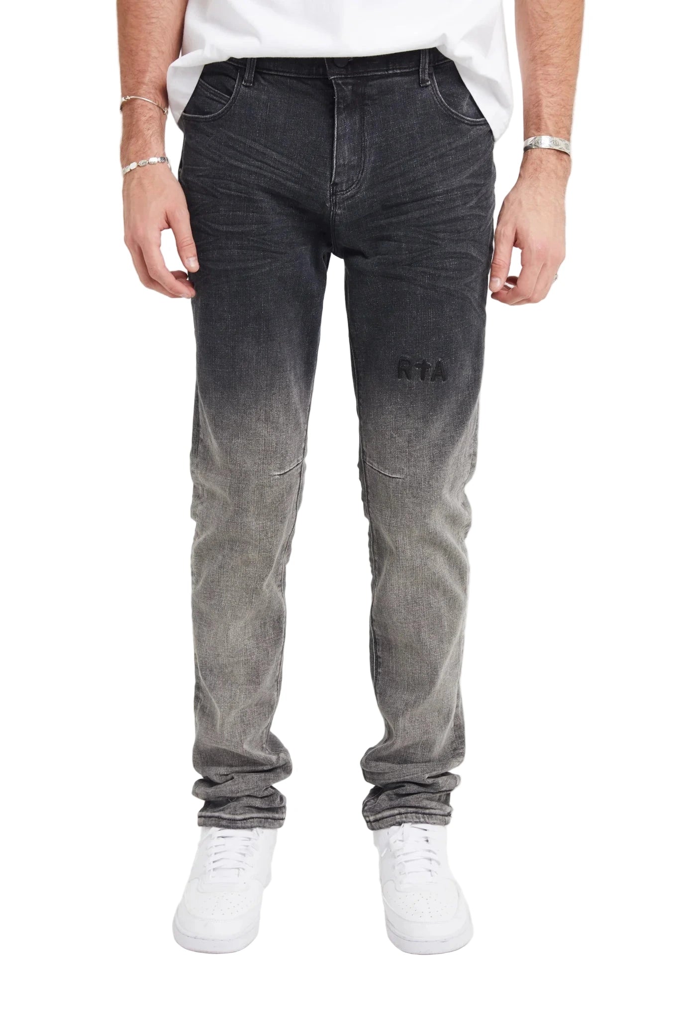 RtA Bryant Skinny Jean in Light Charcoal with gradient fade and logo embroidery