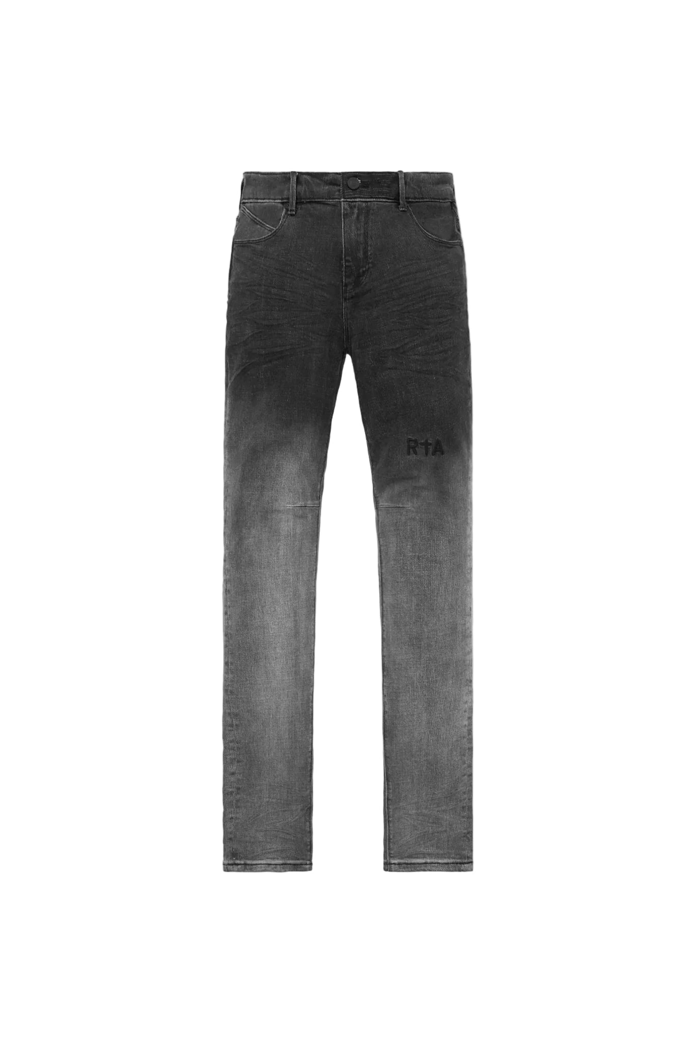 RtA Bryant Skinny Jean in Light Charcoal with gradient fade and logo embroidery