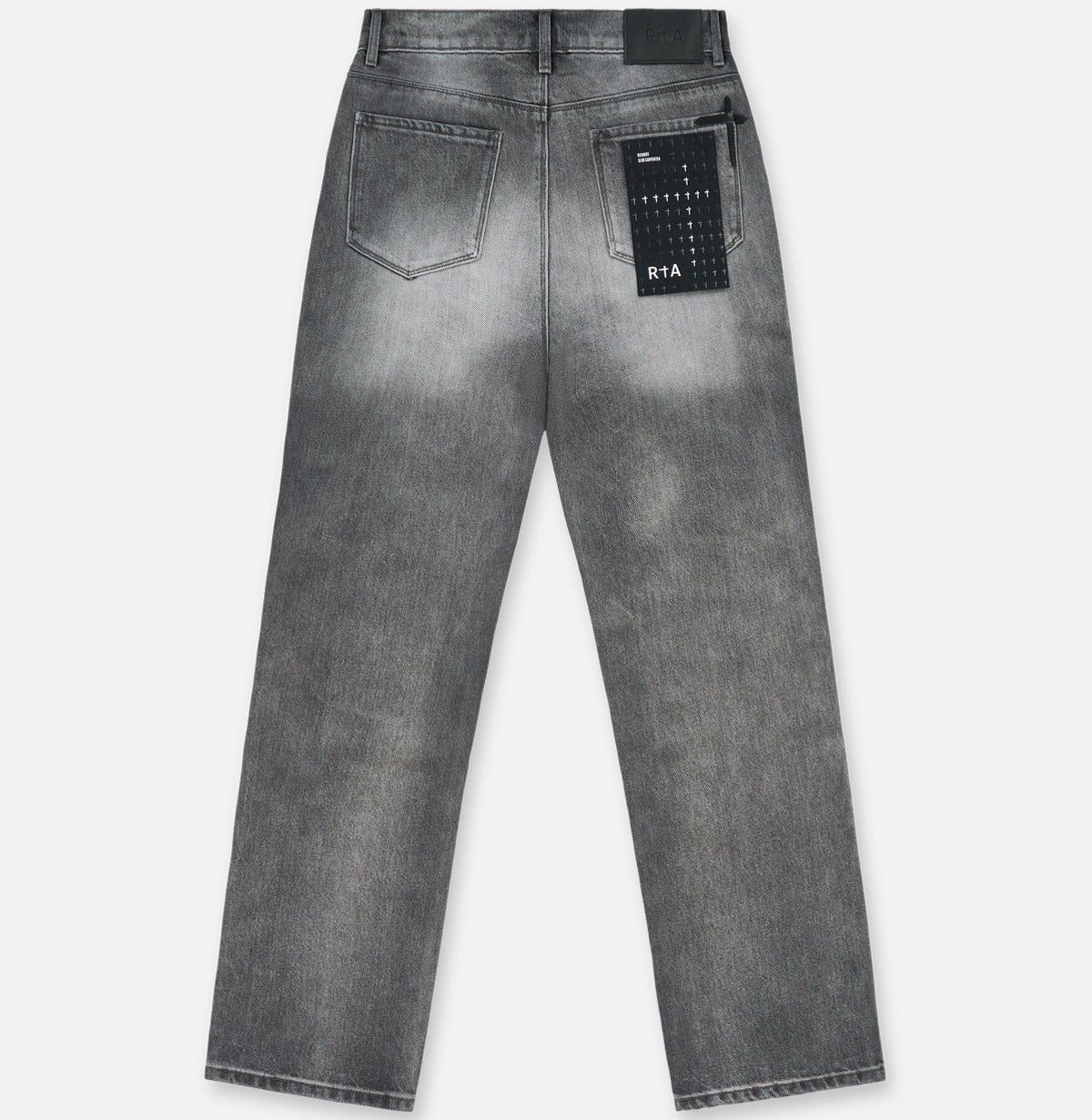 RTA Ricardo Slim Fit Jean in Grey Storm with 3D cross front panels, silver cross emblem, RTA back pocket logo, and leather waistband patch.