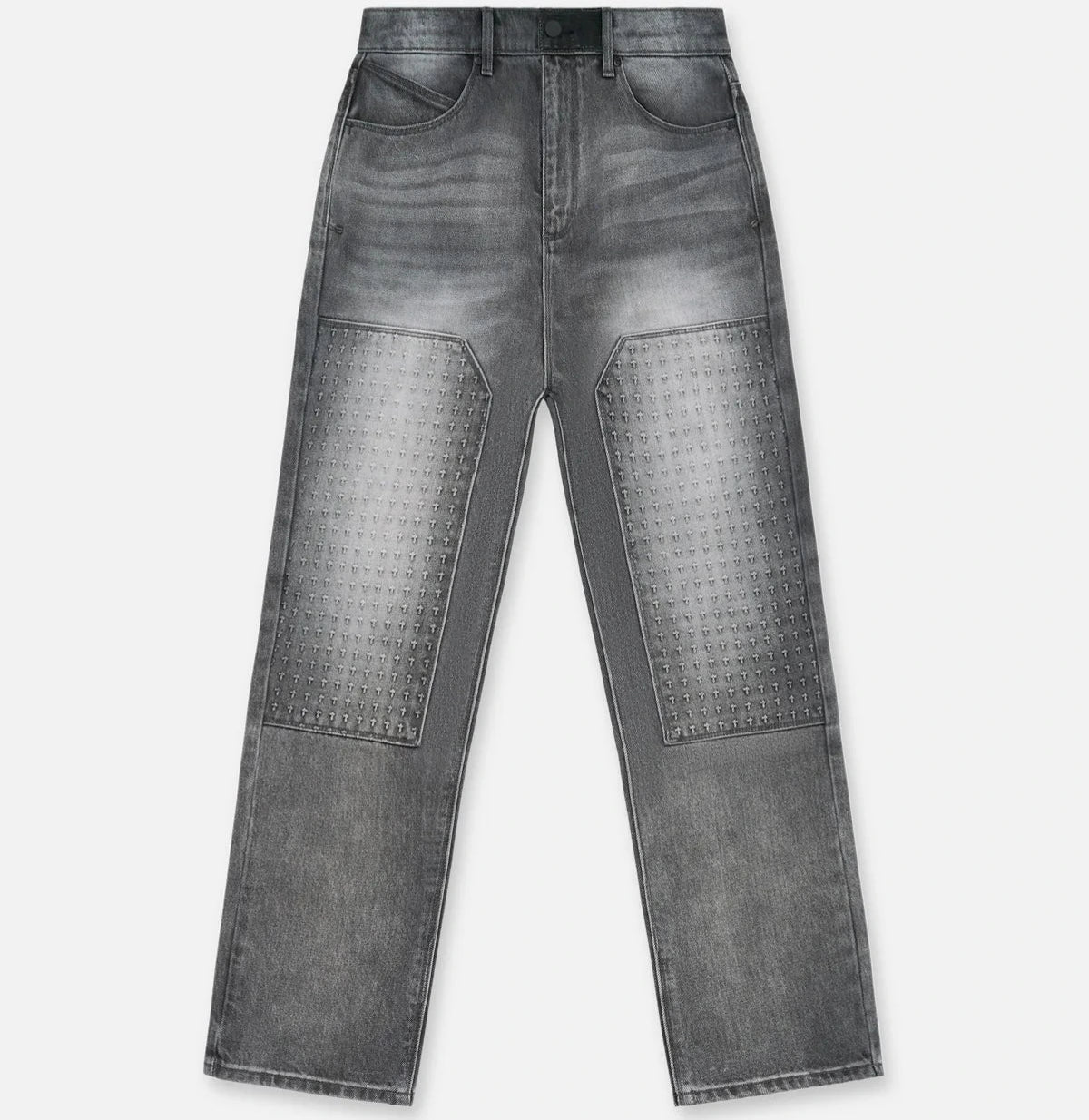 RTA Ricardo Slim Fit Jean in Grey Storm with 3D cross front panels, silver cross emblem, RTA back pocket logo, and leather waistband patch.
