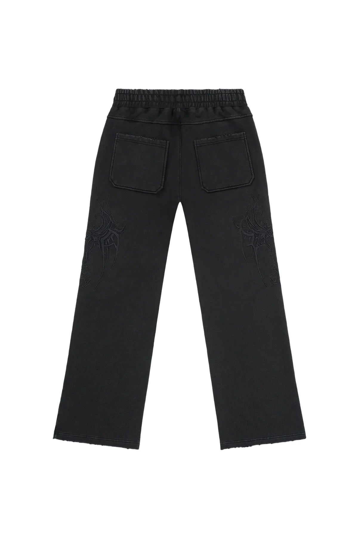 RTA Griffin wide-leg flare sweatpants in black with cyber sigilism RTA logo, side and back pockets, and distressed hems
