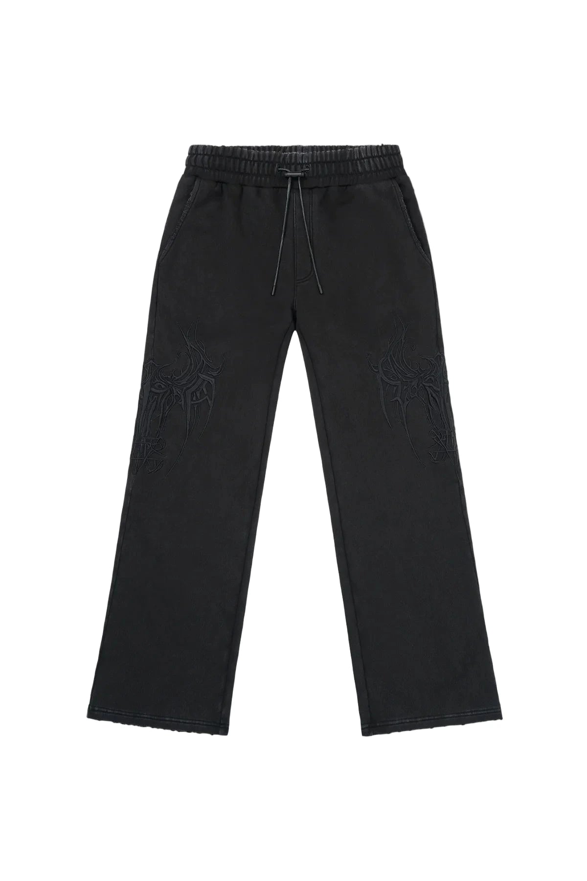 RTA Griffin wide-leg flare sweatpants in black with cyber sigilism RTA logo, side and back pockets, and distressed hems