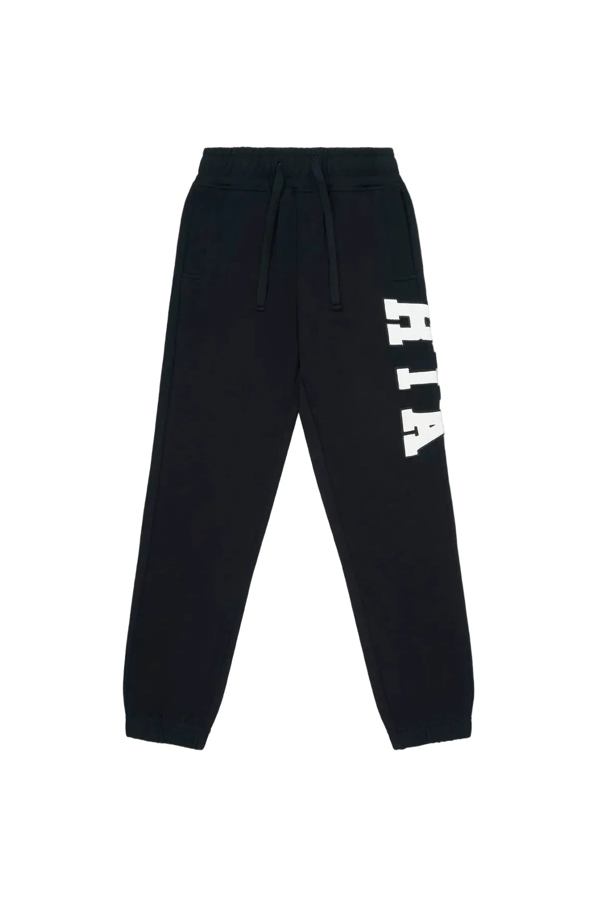 RtA Ewan sweatpant in black collegiate with logo detailing, elasticated waistband, and drawstring closure.