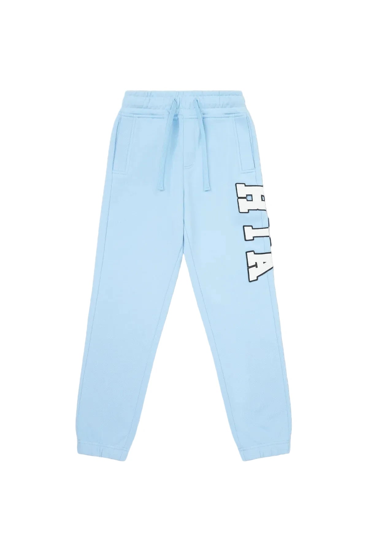 RtA Ewan sweatpant in blue collegiate with logo detailing, elasticated waistband, and drawstring closure.