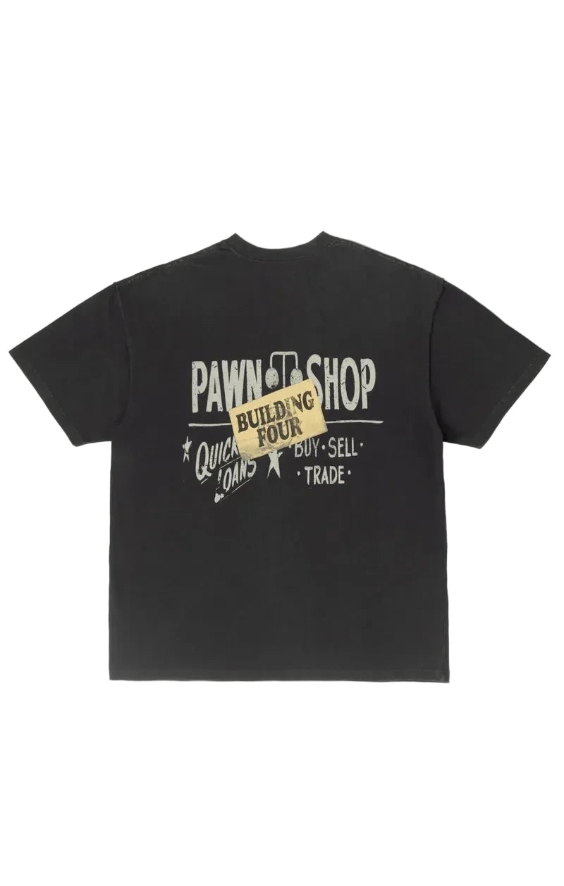 BLDG4 Heavy Knit crew neck shirt in Charcoal Art with a heavy wash, breaking details, front print, and back print, crafted from 100% cotton 210G.