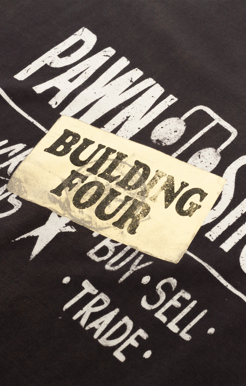 BLDG4 Heavy Knit crew neck shirt in Charcoal Art with a heavy wash, breaking details, front print, and back print, crafted from 100% cotton 210G.