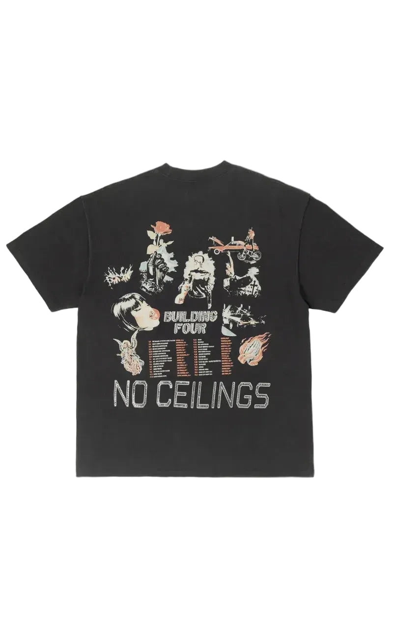 BLDG4 Stray Knit crew neck shirt in Charcoal Art with a washed standard fit, rhinestones, front print, and back print, crafted from 100% cotton 210G.