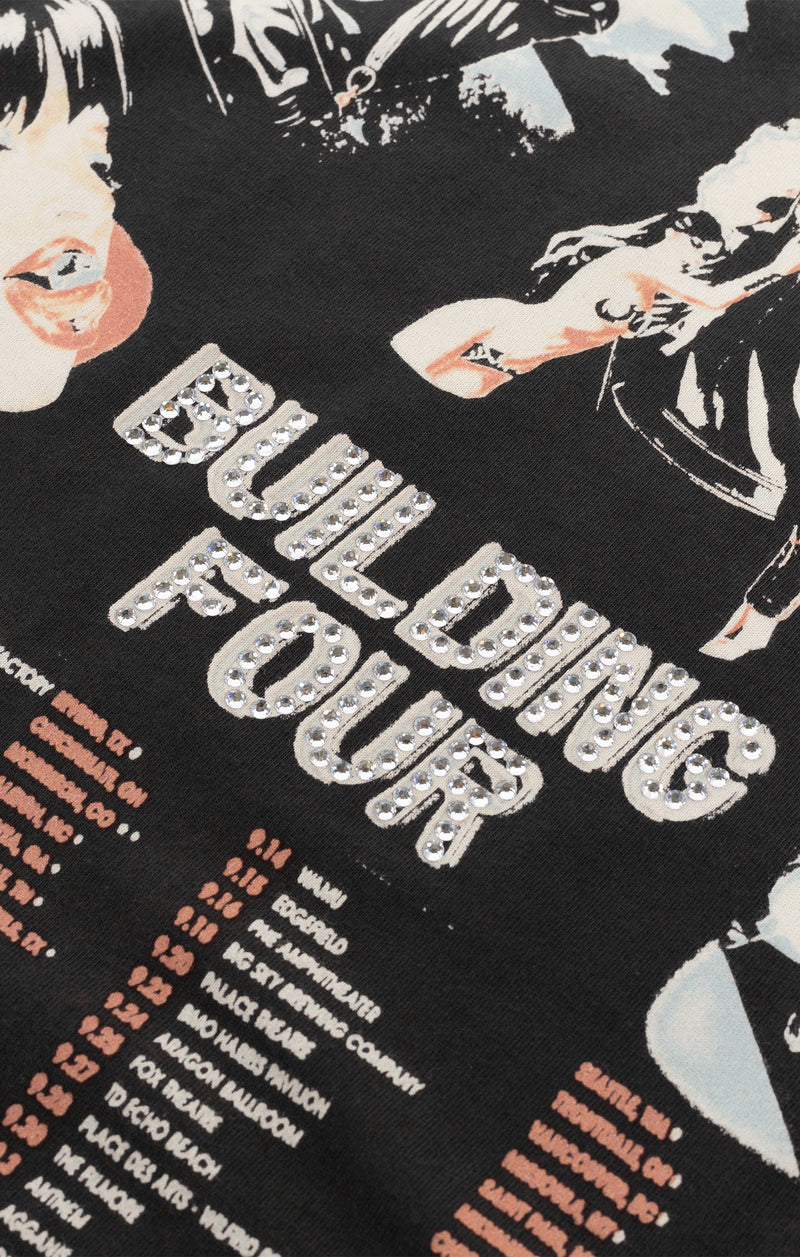 BLDG4 Stray Knit crew neck shirt in Charcoal Art with a washed standard fit, rhinestones, front print, and back print, crafted from 100% cotton 210G.