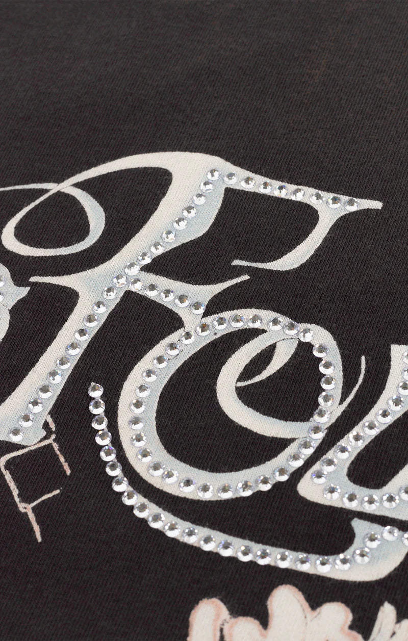 BLDG4 Stray Knit crew neck shirt in Charcoal Art with a washed standard fit, rhinestones, front print, and back print, crafted from 100% cotton 210G.