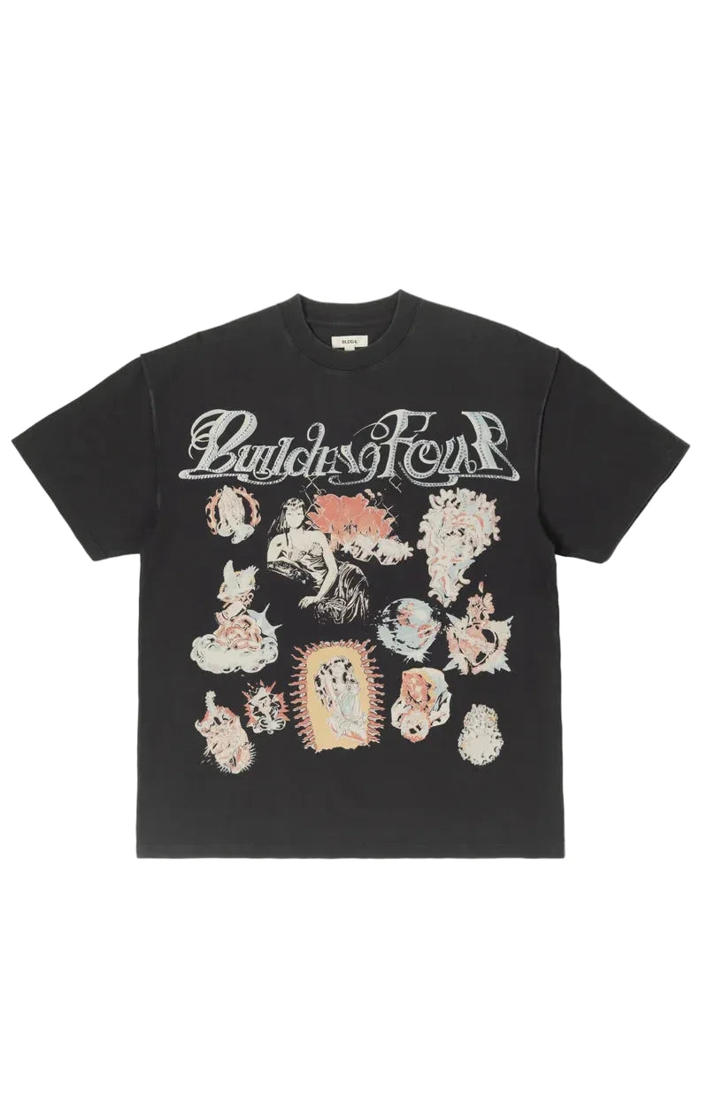 BLDG4 Stray Knit crew neck shirt in Charcoal Art with a washed standard fit, rhinestones, front print, and back print, crafted from 100% cotton 210G.