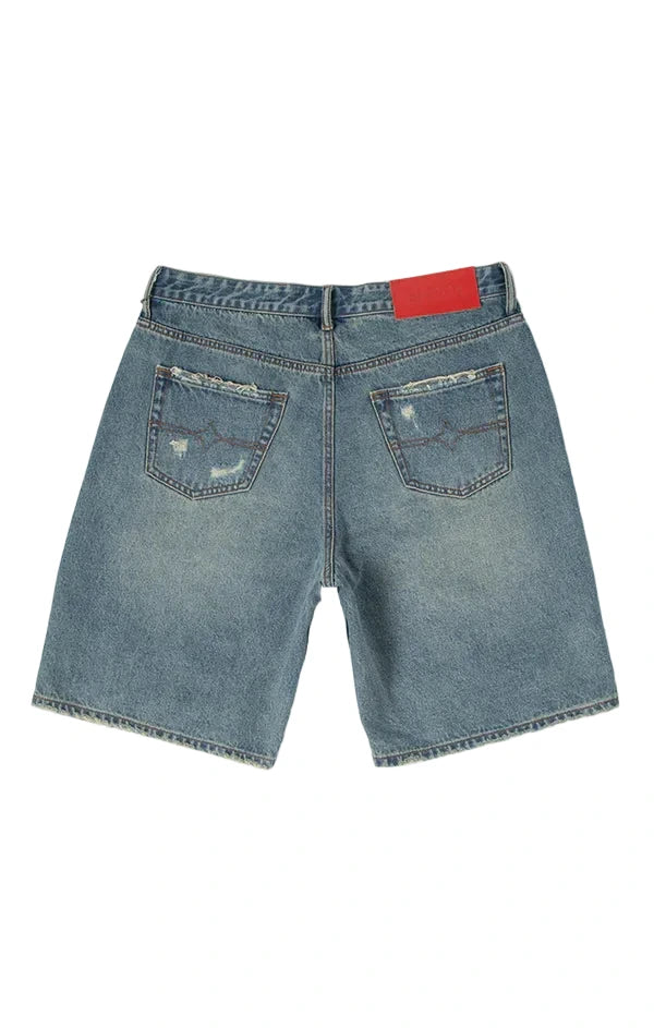 BLDG4 Pin Boy Short in Buster with 5-pocket design, brushing and breaking, repair stitching, and pin back buttons