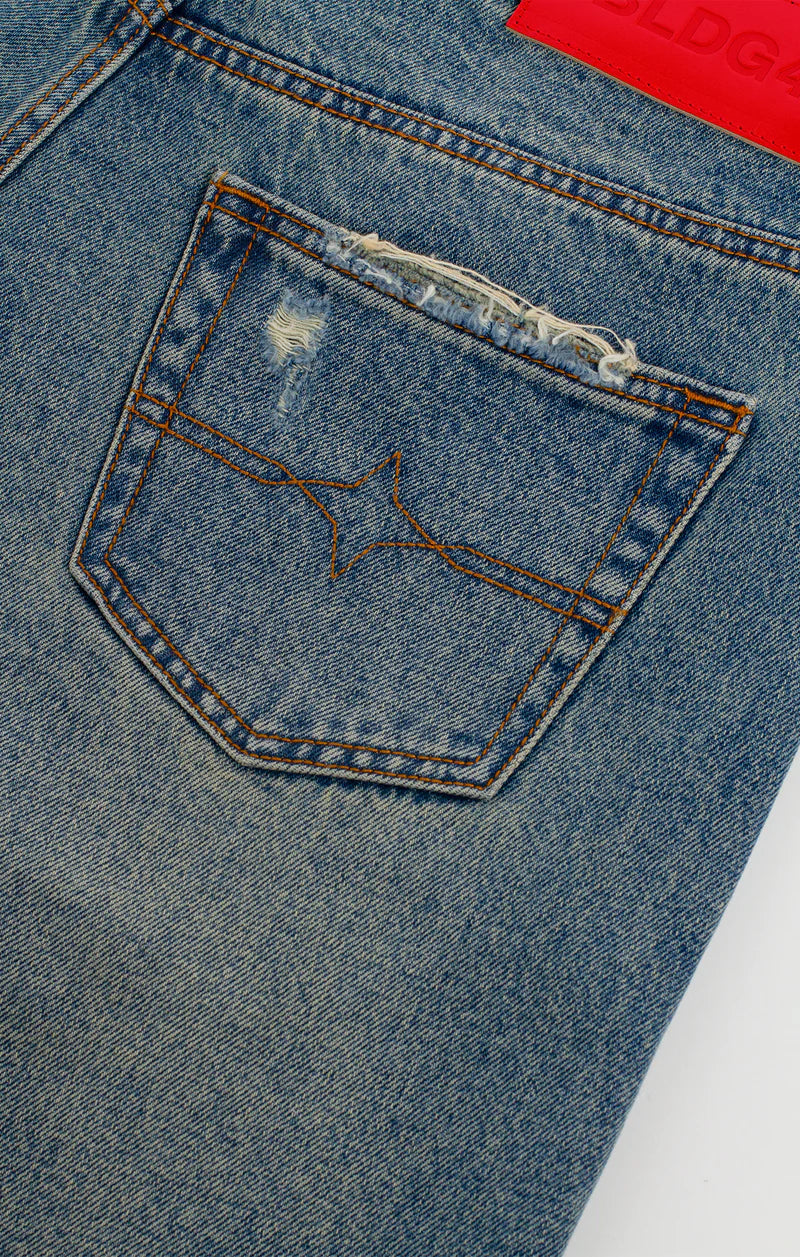 BLDG4 Pin Boy Short in Buster with 5-pocket design, brushing and breaking, repair stitching, and pin back buttons