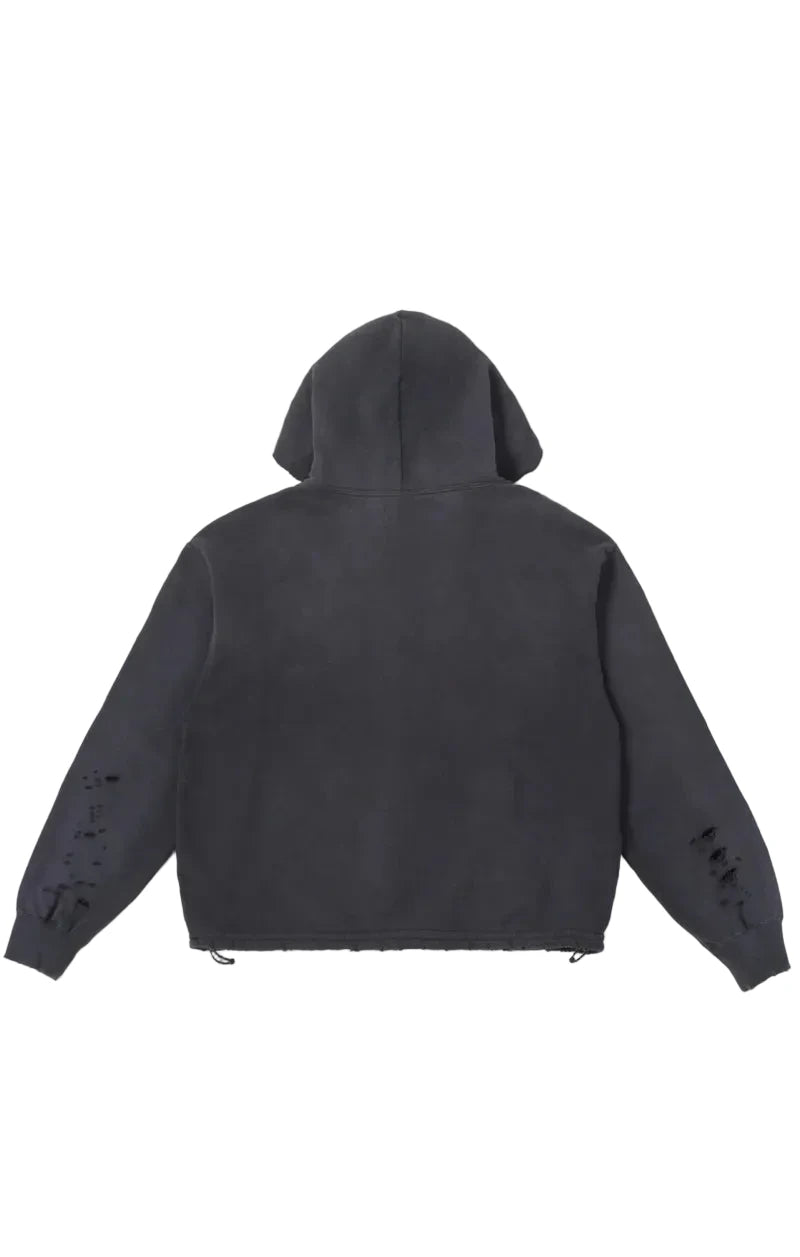 Le Chateau Hoodie in washed Charcoal Art with large peace-sign graphic, studded leather and pin detailing, full metal zip, and boxy French terry silhouette