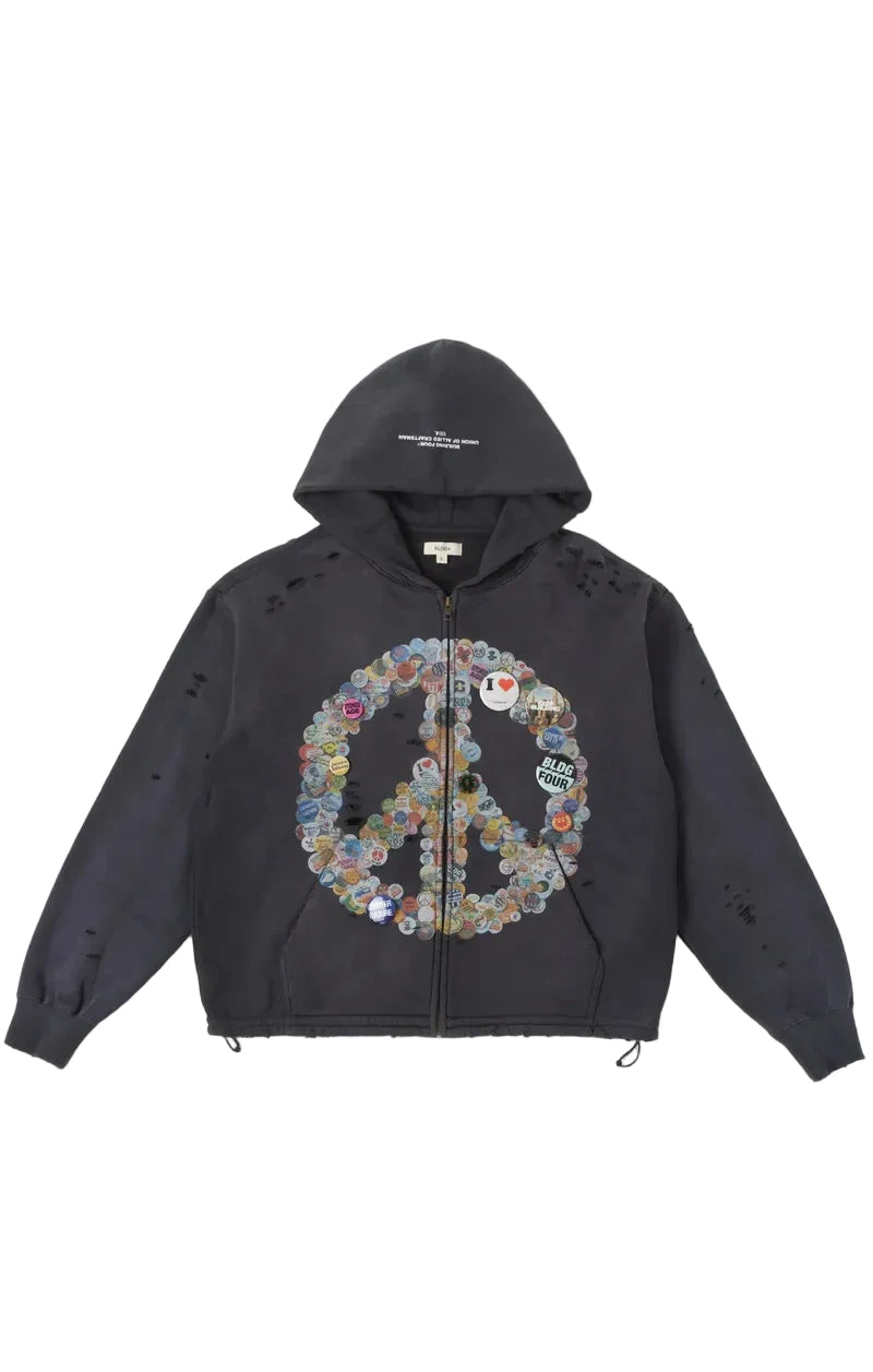 Le Chateau Hoodie in washed Charcoal Art with large peace-sign graphic, studded leather and pin detailing, full metal zip, and boxy French terry silhouette
