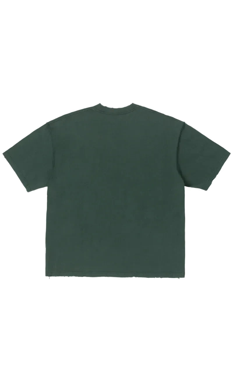BLDG4 Big C Knit graphic T-shirt with a snow-washed finish, full-width cityscape graphic, oversized BLDG4 lettering, pin cluster at the chest, and reverse seam construction.