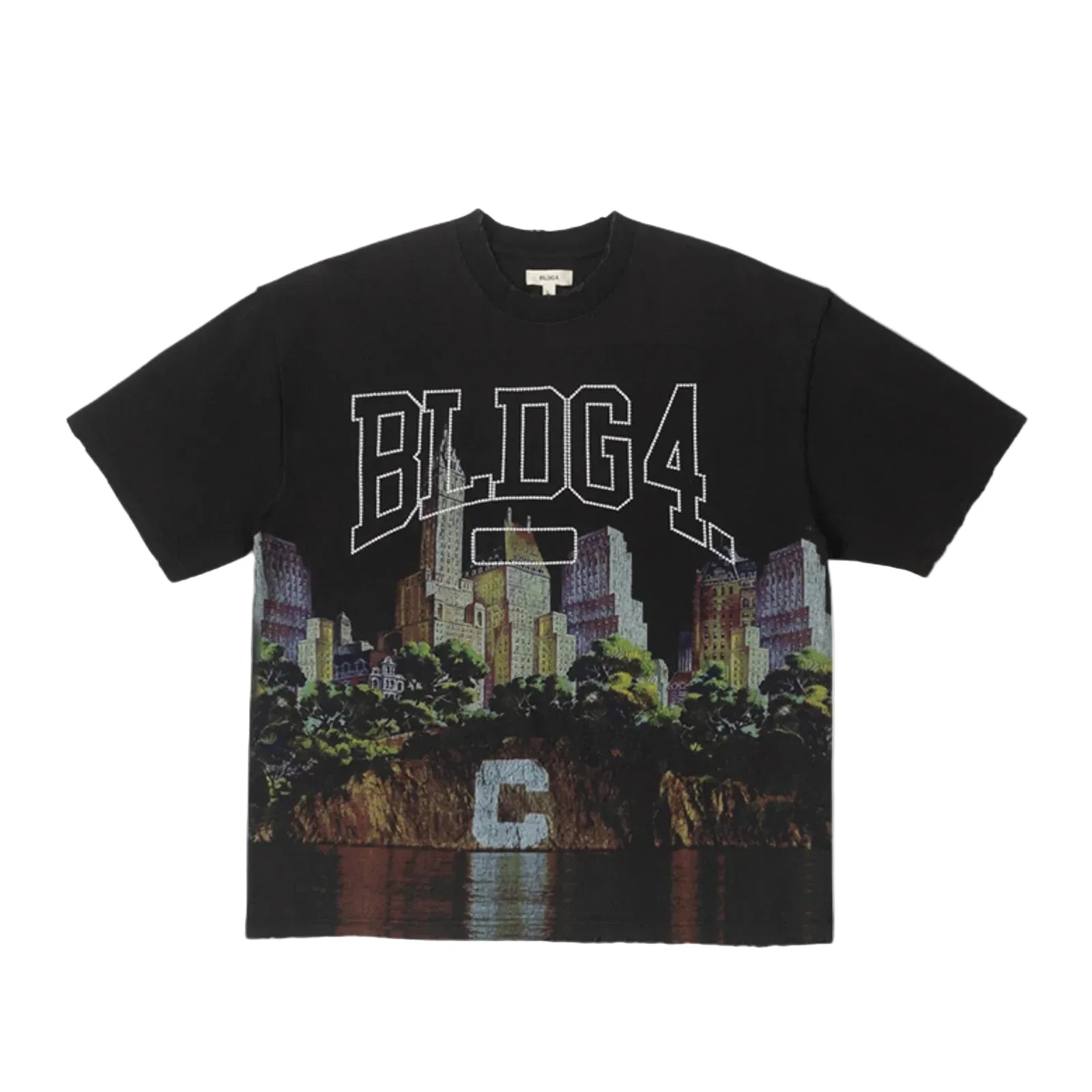 BLDG4 Big C Knit T-shirt in Black with a snow-washed finish, full-width cityscape graphic, oversized BLDG4 lettering, pin cluster at the chest, and reverse seam construction.