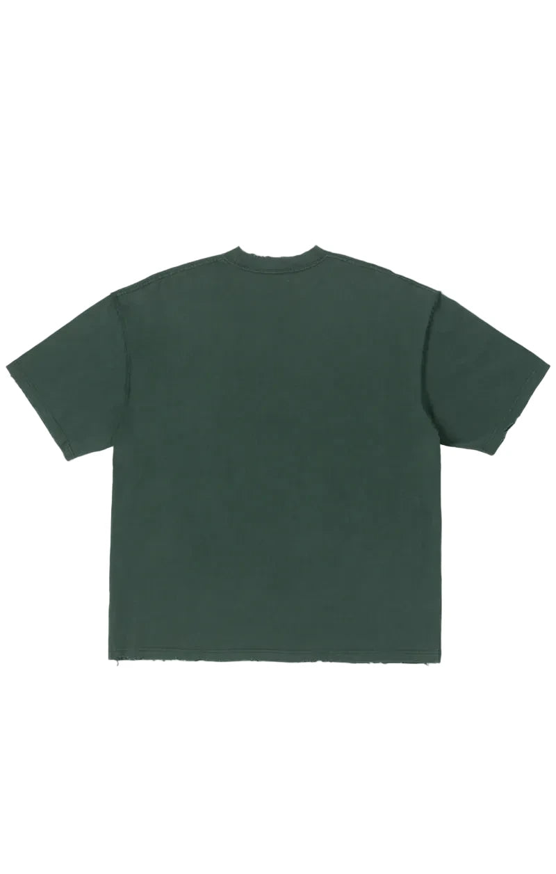 Rockefeller Knit Tee in charcoal with snow-washed finish, peace-sign graphic made from layered buttons, applied metal pins, and distressed detailing