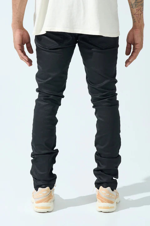 SERENEDE® CAVIAR 7 black denim jeans with wax coating, fitted silhouette, five-pocket styling, and branded hardware