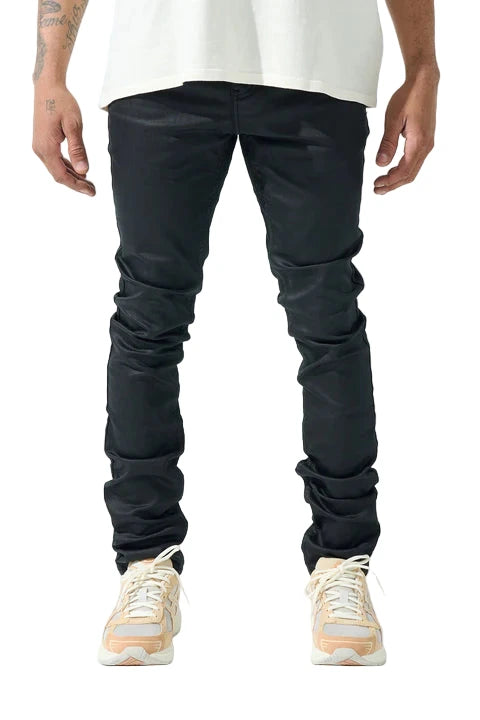 SERENEDE® CAVIAR 7 black denim jeans with wax coating, fitted silhouette, five-pocket styling, and branded hardware
