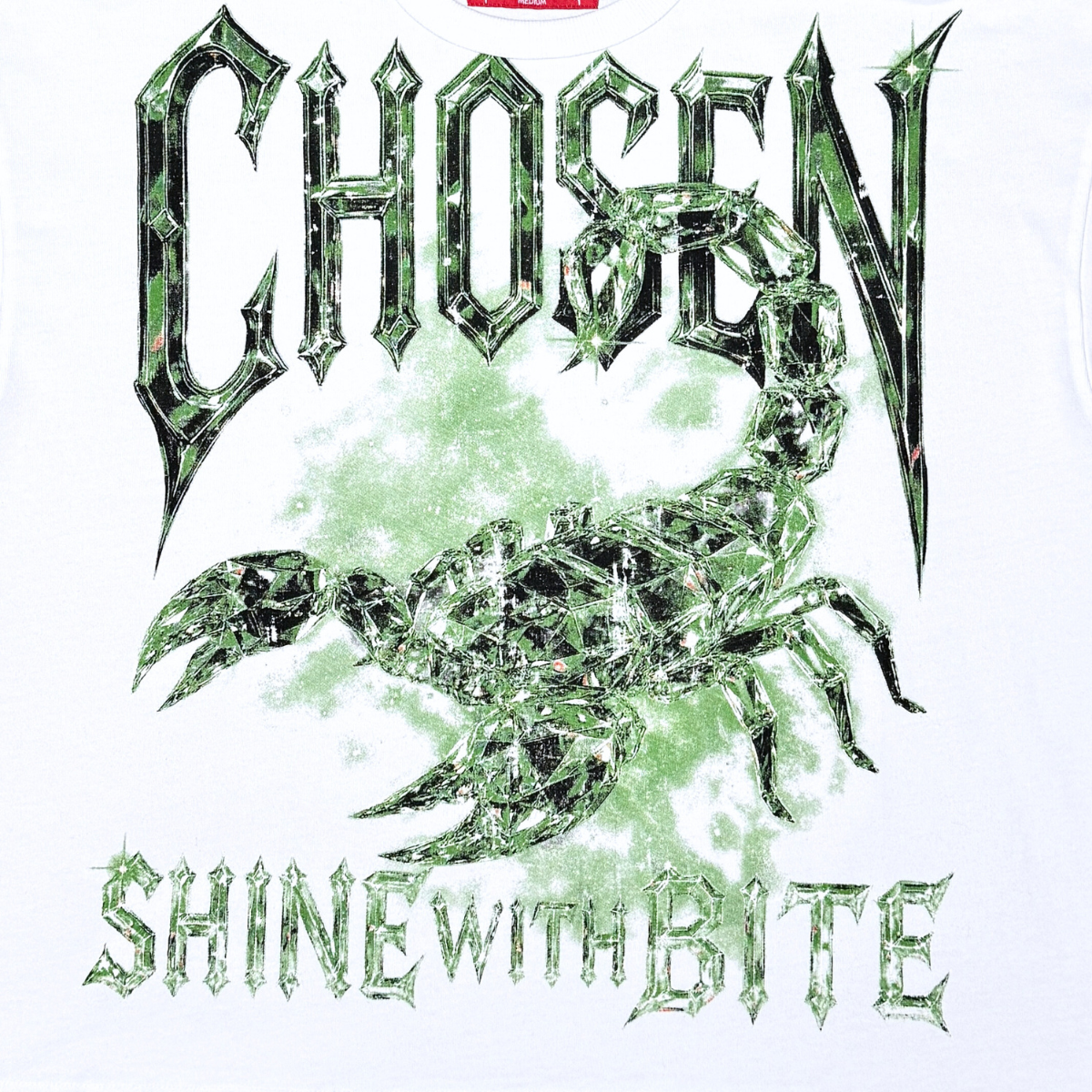CHOSEN Scorpion Tee in white with bold scorpion graphic design and classic short sleeve fit