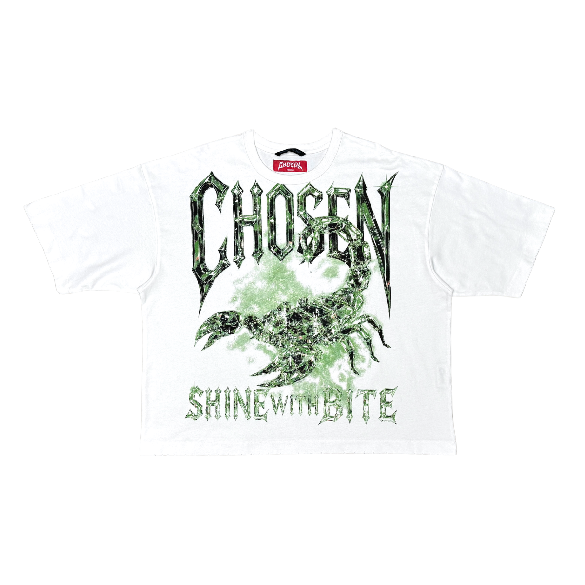 CHOSEN Scorpion Tee in white with bold scorpion graphic design and classic short sleeve fit