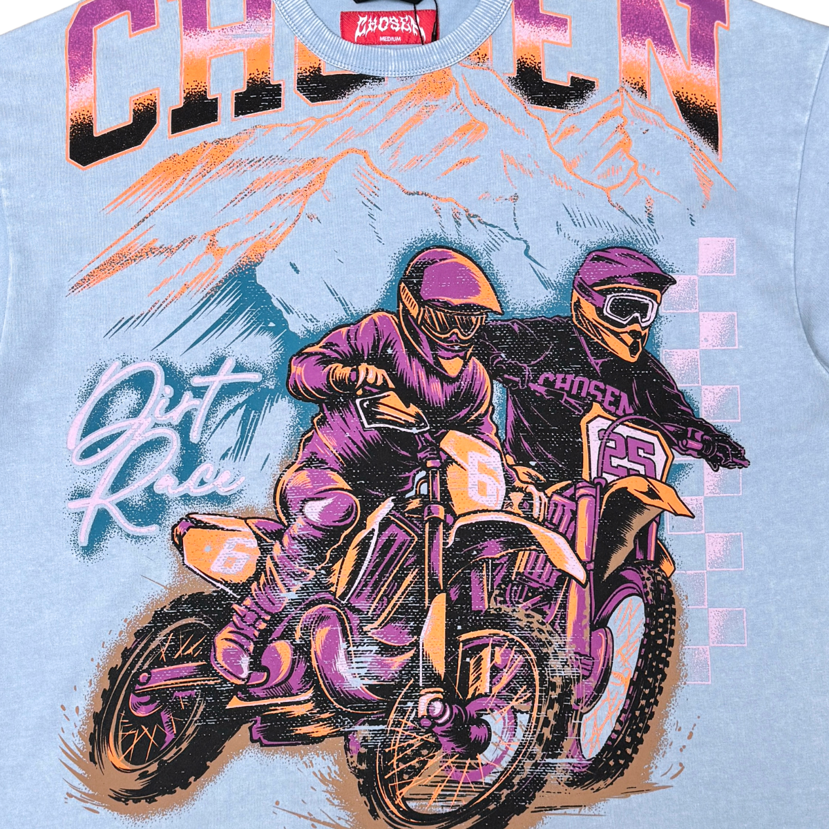 CHOSEN Dirt Bikes Tee in blue fog with bold motocross graphic design and classic short sleeve fit