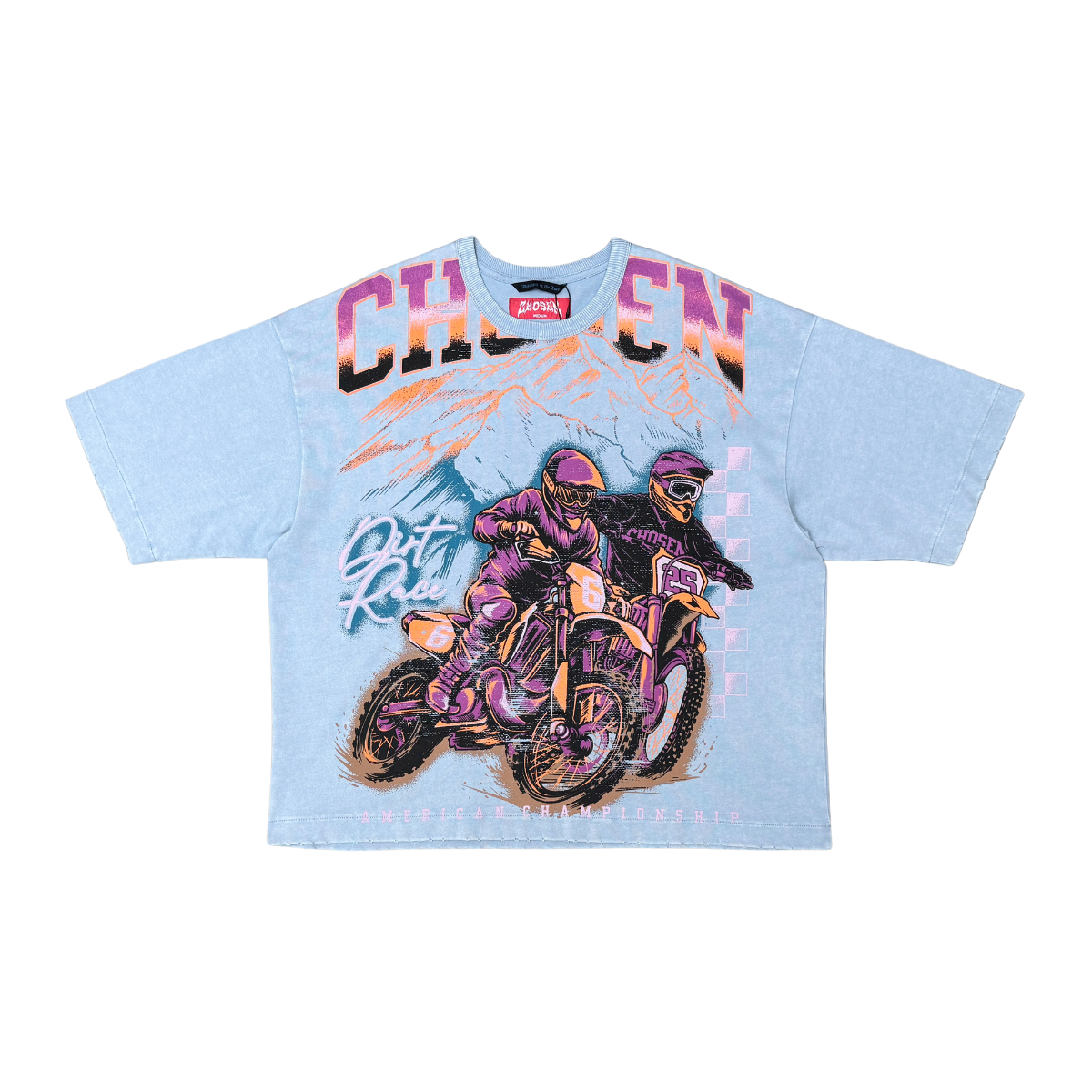 CHOSEN Dirt Bikes Tee in blue fog with bold motocross graphic design and classic short sleeve fit