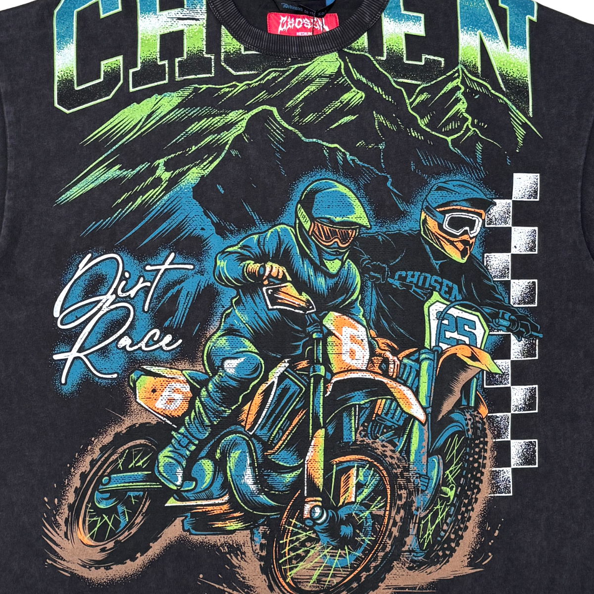 CHOSEN Dirt Bikes Tee in black with bold motocross graphic design and classic short sleeve fit
