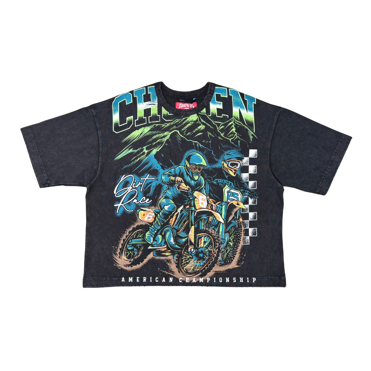 CHOSEN Dirt Bikes Tee in black with bold motocross graphic design and classic short sleeve fit