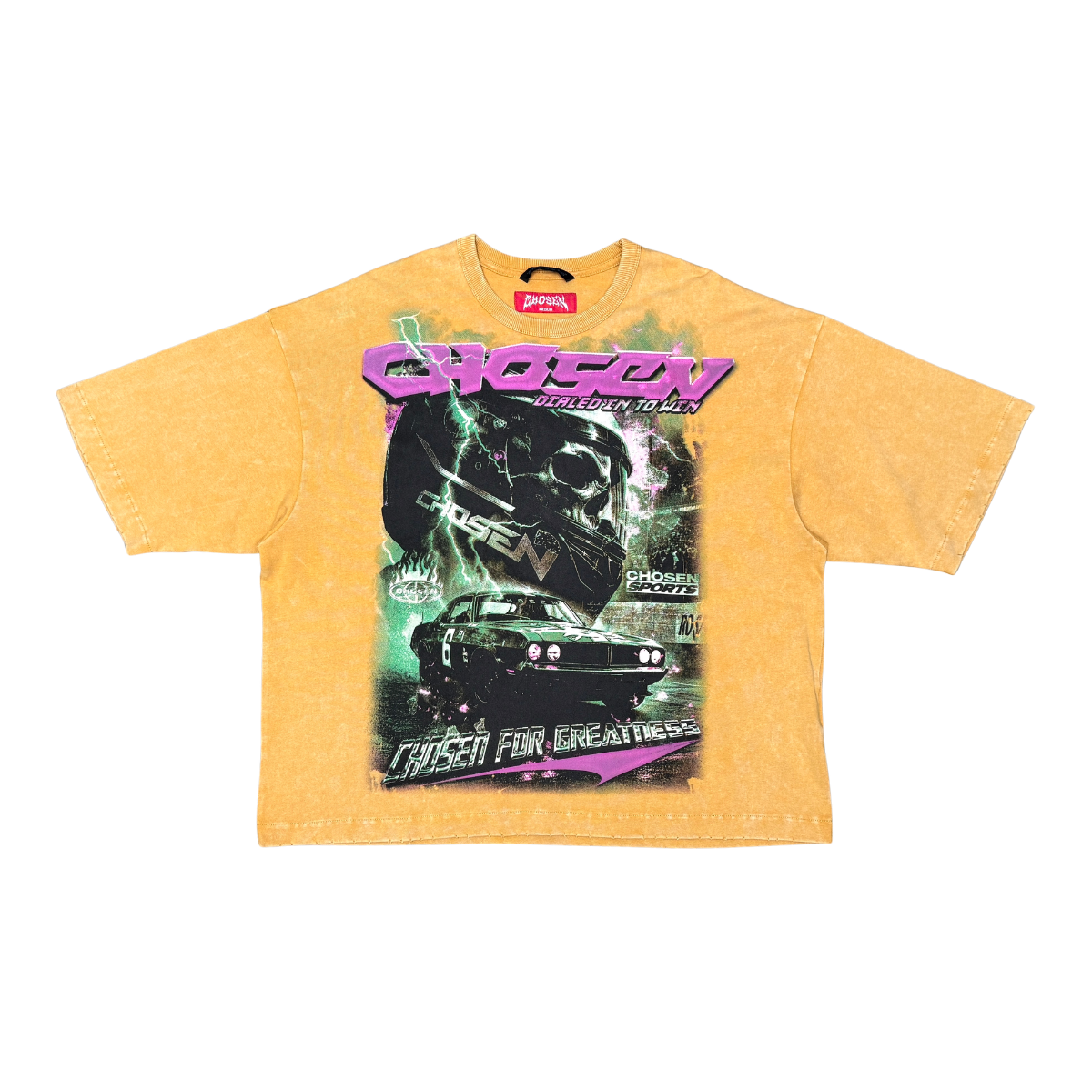 CHOSEN Driver Tee in amber gold with bold graphic design and classic short sleeve fit