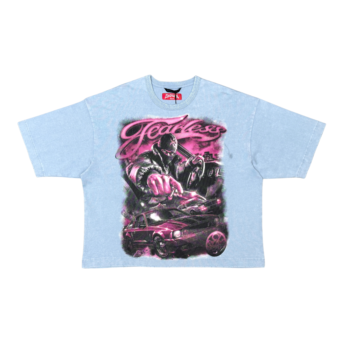 CHOSEN Fearless Driver Tee in blue fog with bold graphic design and classic short sleeve fit
