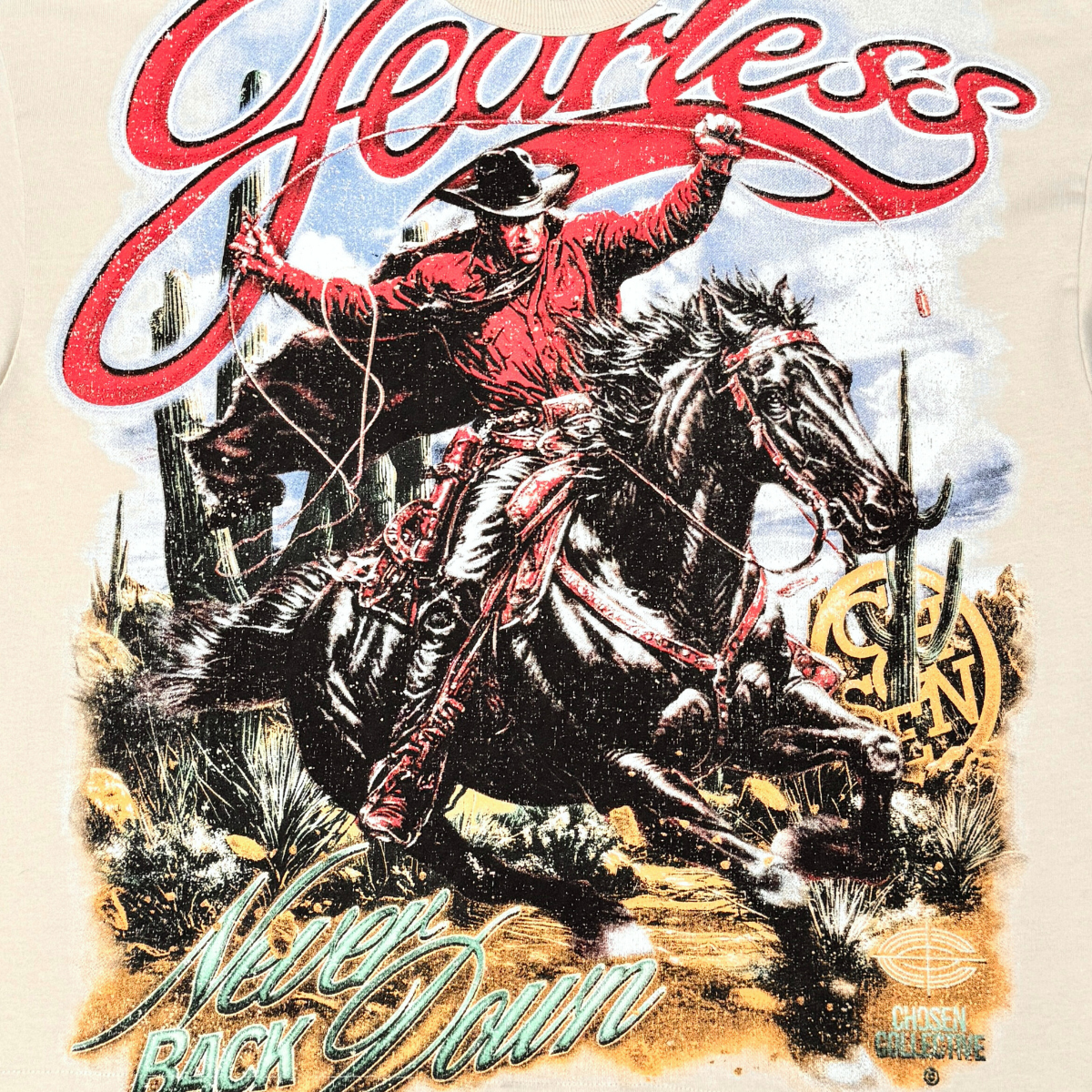 CHOSEN Cowboy Tee in oatmeal with western-inspired graphic design and classic short sleeve fit