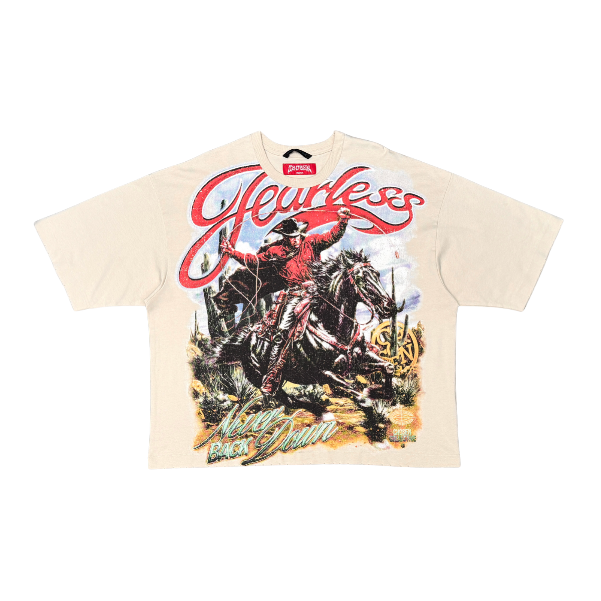 CHOSEN Cowboy Tee in oatmeal with western-inspired graphic design and classic short sleeve fit